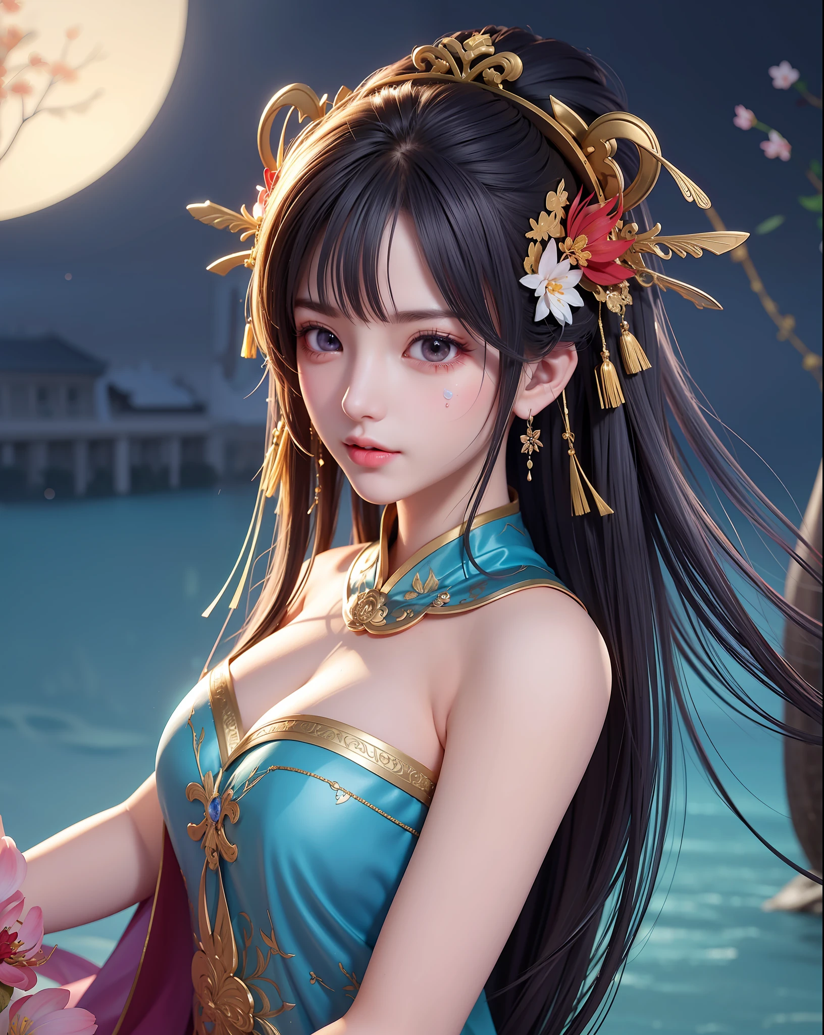 (8k, RAW photo:1.2),best quality, ultra high res,dramatic angle,(fluttered detailed color splashs), (illustration),(((1 girl))),(long hair),(rain:0.9),(hair ornament:1.4),there is an ancient palace beside the girl,chinese clothes,(focus on), color Ink wash painting,(color splashing),colorful splashing,(((colorful))),(sketch:0.8), Masterpiece,best quality, beautifully painted,highly detailed,(denoising:0.6),[splash ink],((ink refraction)), (beautiful detailed sky),moon,highly,detaild,(masterpiece, best quality, extremely detailed CG unity 8k wallpaper,masterpiece, best quality, ultra-detailed),(Lycoris radiata),