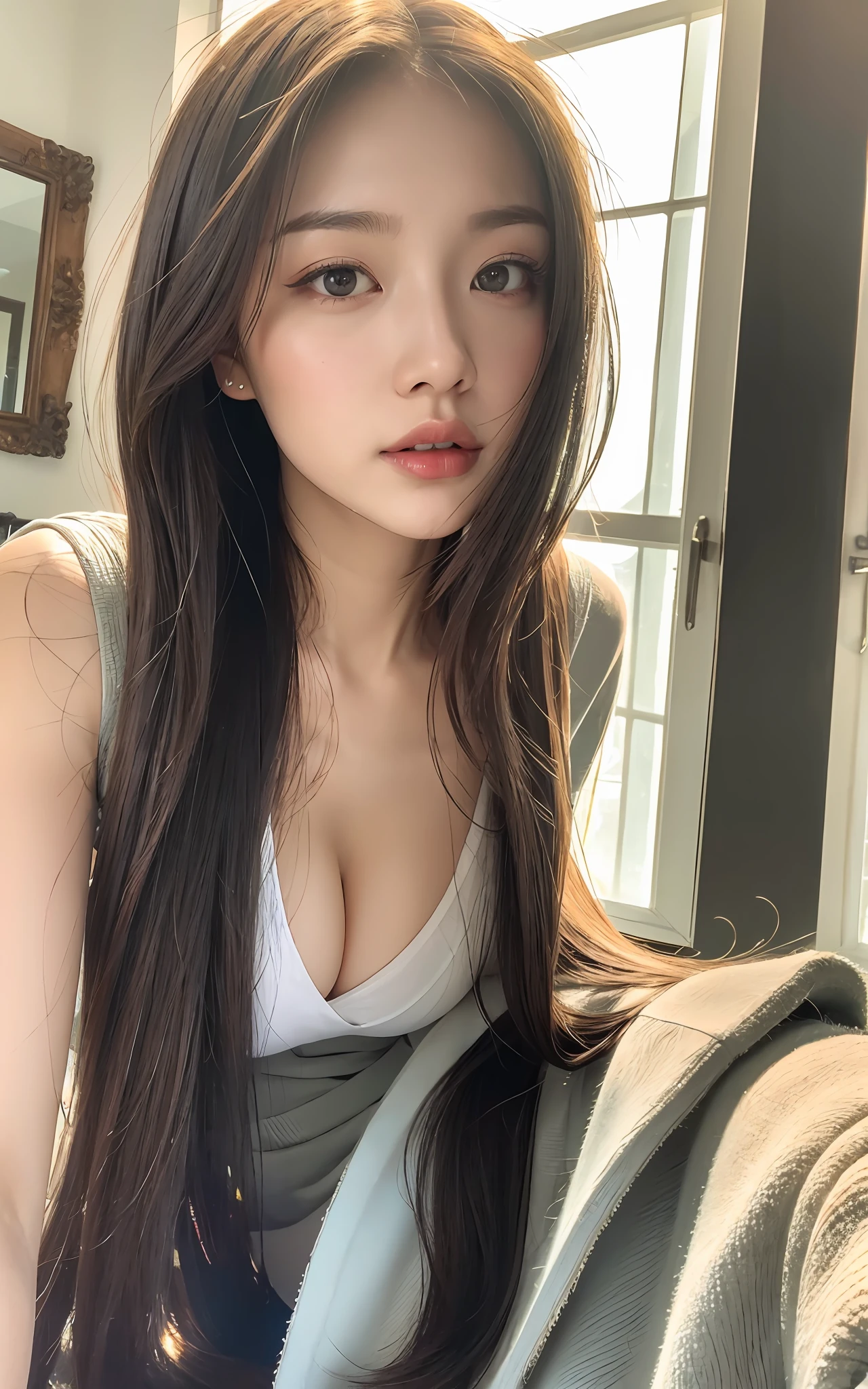 Superb, masterpiece, super high definition, realistic, girl, (beautiful face 1.4), (big breasts, constricted waist), long hair, indoors, blur, beautiful light, glossy skin, small head,