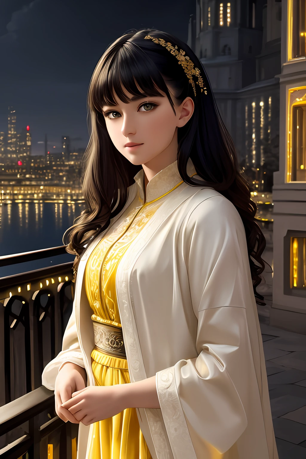 (masterpiece), (artwork), (soft and soothing lighting), (best artist), (extremely detailed 8k CG unity wallpaper), (detailed eyes), (detailed and detailed face), (landscape and amazing scenery), better lighting, a pretty girl (detailed yellow eyes), white skin, black hair with bangs, wearing classic period clothes, eyeliner, in a cityscape lit up at night, 8k, UHD.