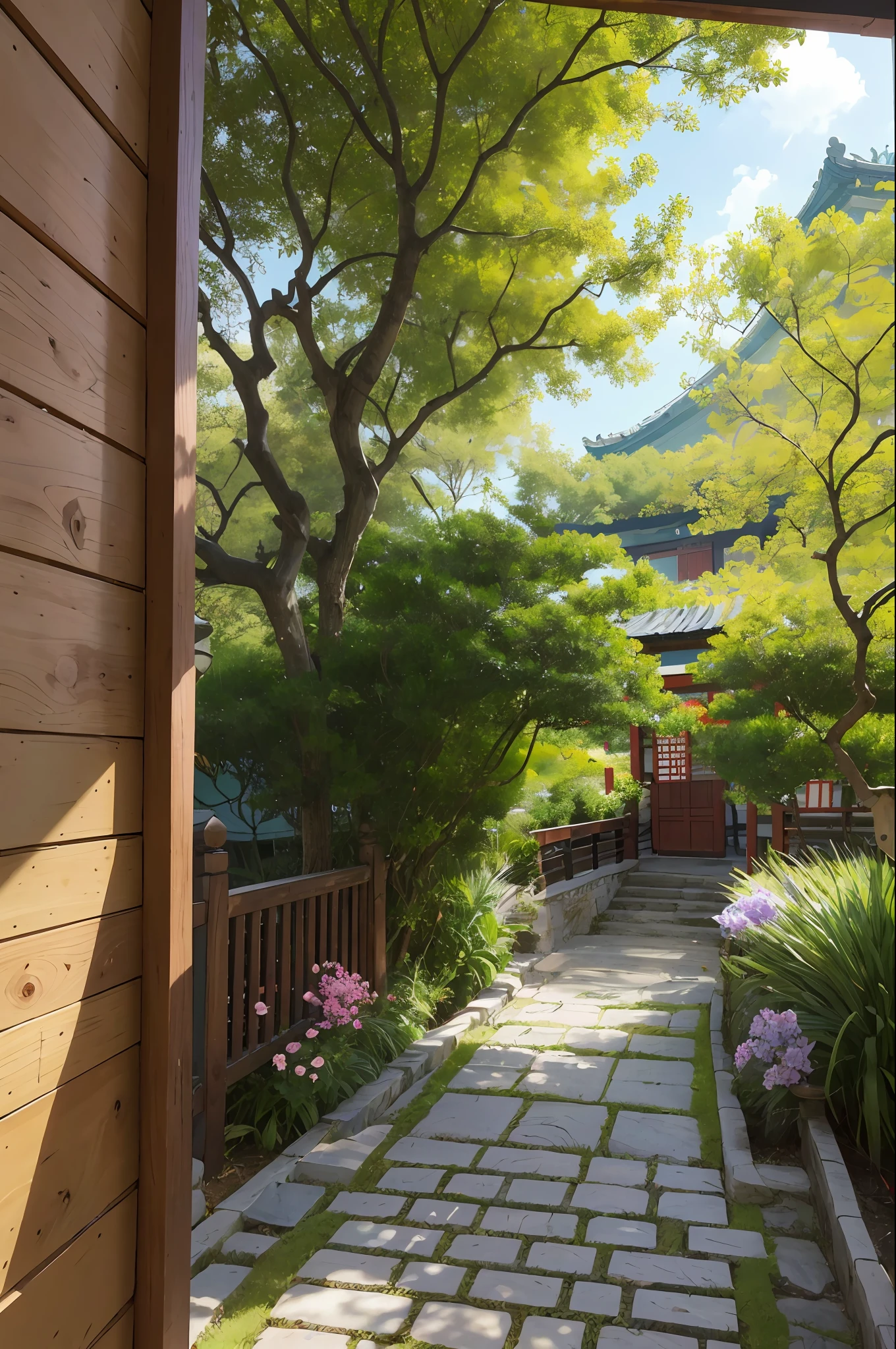 Absurd, high quality, extremely fine, artwork, brushstrokes, Chinese painting, winding path, deep flowers and trees in the Zen room, morning, pillar of light
