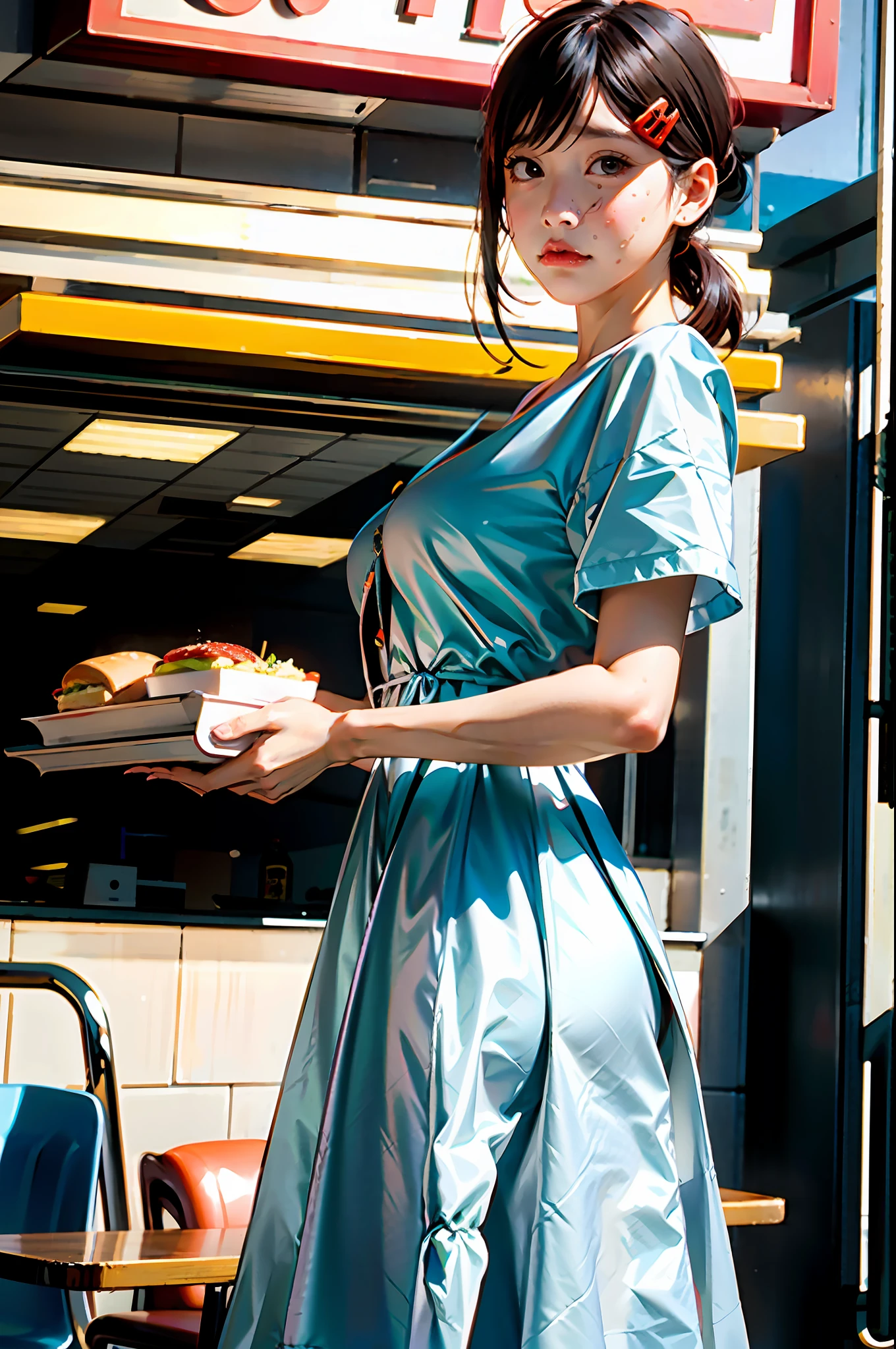 1girl, alone, big breasts, (depth of field: 1.1), (realistic, photo-realistic: 1.37), girl in fast food care dress,carrying a hamburger tray,sad face, perspective from below