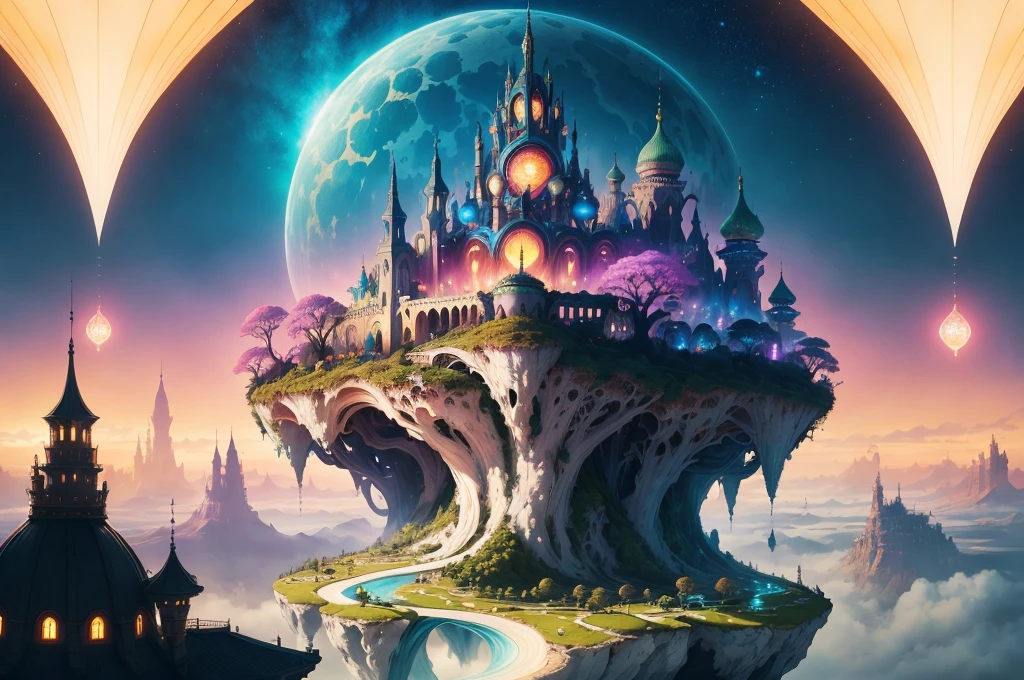 Create a vibrant and fantastical scene depicting a utopia that levitates in the air above a kingdom. This mesmerizing place is filled with an array of vivid colors and enchanting luminescence, evoking a sense of wonder and awe.
The utopia features extraordinary architecture and structures that defy gravity, floating gracefully in the sky. These buildings are adorned with intricate details, vibrant patterns, and embellishments that reflect a blend of futuristic and fantastical aesthetics. Luminescent elements, such as glowing crystals or ethereal energy sources, add an otherworldly glow to the entire cityscape.
Beneath the levitating utopia lies a kingdom that thrives with life and activity. The kingdom itself can be depicted with a rich blend of architectural styles, combining elements of medieval, Renaissance, or even futuristic designs. The landscape surrounding the kingdom is lush and abundant, with rolling hills, waterfalls, and vibrant flora that harmonize with the magical atmosphere.
The colors in this artwork are bold and saturated, ranging from vibrant hues to soft pastels. The luminescence permeates the entire scene, casting a gentle and ethereal glow on everything it touches. The sky above is filled with floating islands, airships, or other fantastical elements that add to the sense of whimsy and adventure.
Camera: Choose a perspective that showcases the grandeur of the utopia and captures the harmony between the levitating city and the kingdom below.
Lighting: Utilize a combination of soft ambient lighting and vibrant luminescent sources to create a magical atmosphere.
Resolution: Opt for a high-resolution artwork to capture the intricate details and vibrant colors of the scene.
Art Inspirations: Seek inspiration from fantasy artists renowned for their imaginative worlds and vibrant color palettes. Explore the works of artists on platforms like ArtStation, DeviantArt, or Behance, who excel in creating dreamlike and fantastical environments.