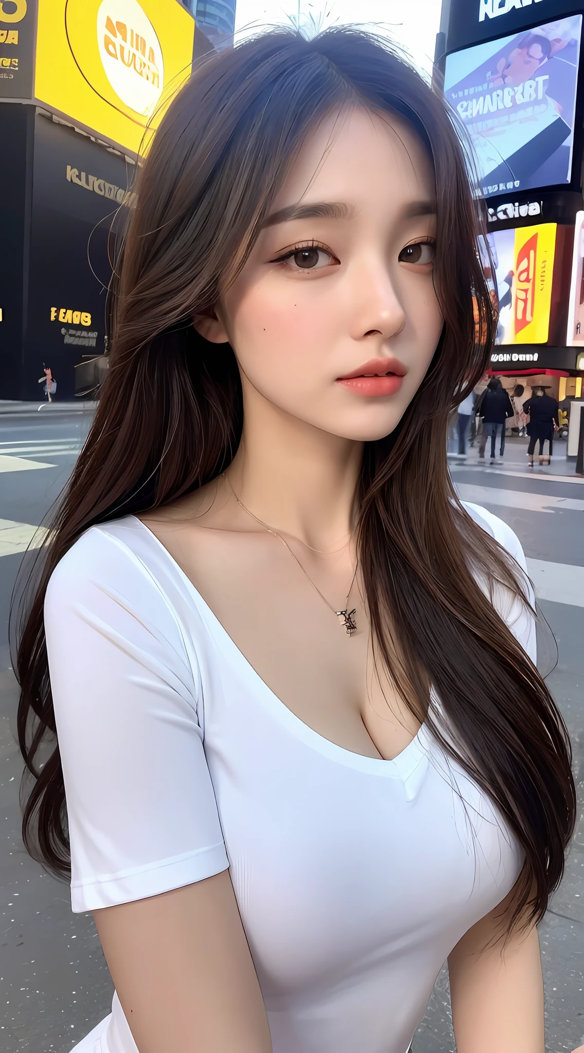((Best Quality, 8K, Masterpiece: 1.3)), Wide Angle Lens, A Beautiful Woman with Perfect Figure: 1.4, Layered Hairstyle, Big Breasts, Wearing Pendant, White V-Neck T-Shirt, Times Square, New York, Highly detailed face and skin texture, detailed eyes, double eyelids