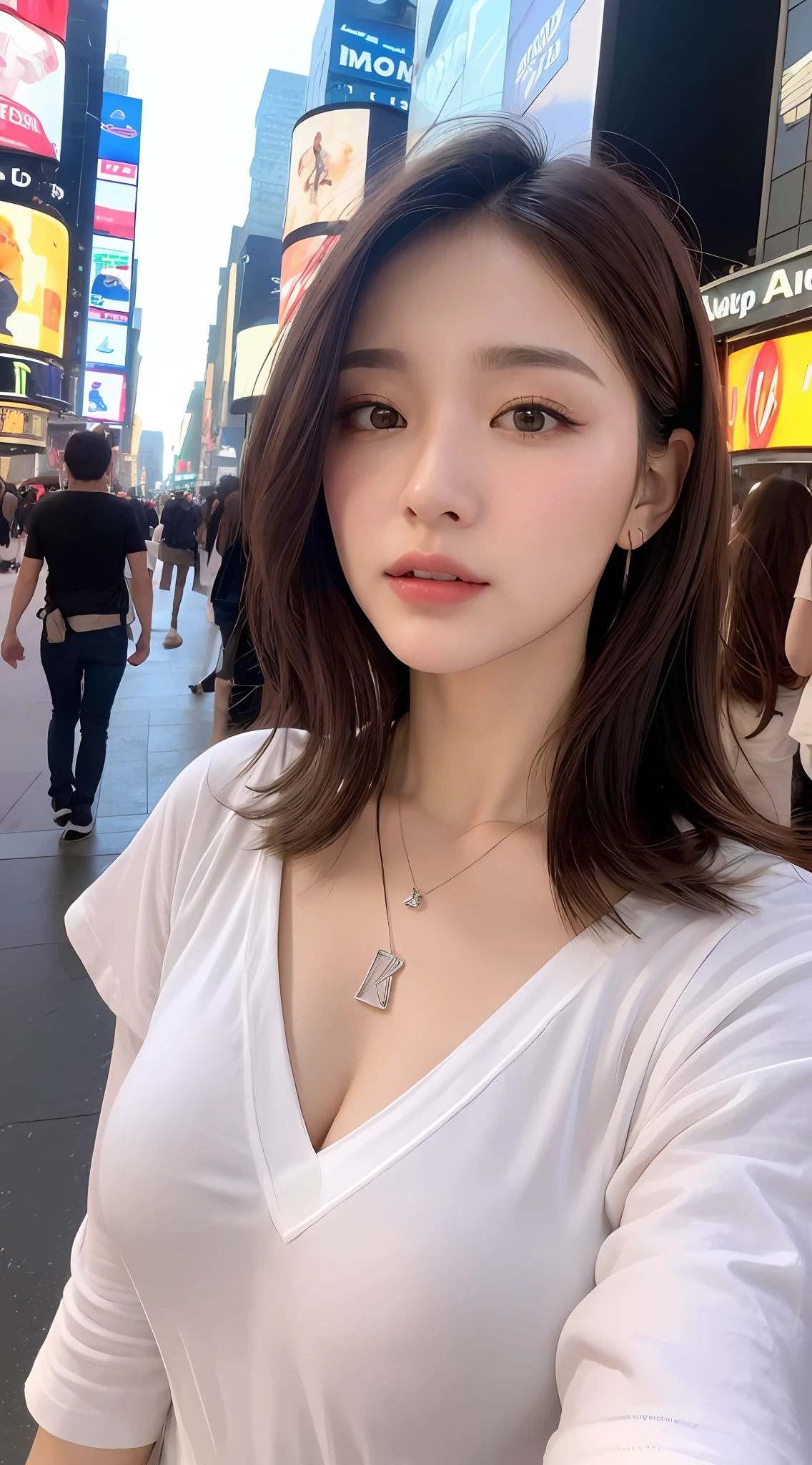 ((Best Quality, 8K, Masterpiece: 1.3)), Wide Angle Lens, A Beautiful Woman with Perfect Figure: 1.4, Layered Hairstyle, Big Breasts, Wearing Pendant, White V-Neck T-Shirt, Times Square, New York, Highly detailed face and skin texture, detailed eyes, double eyelids
