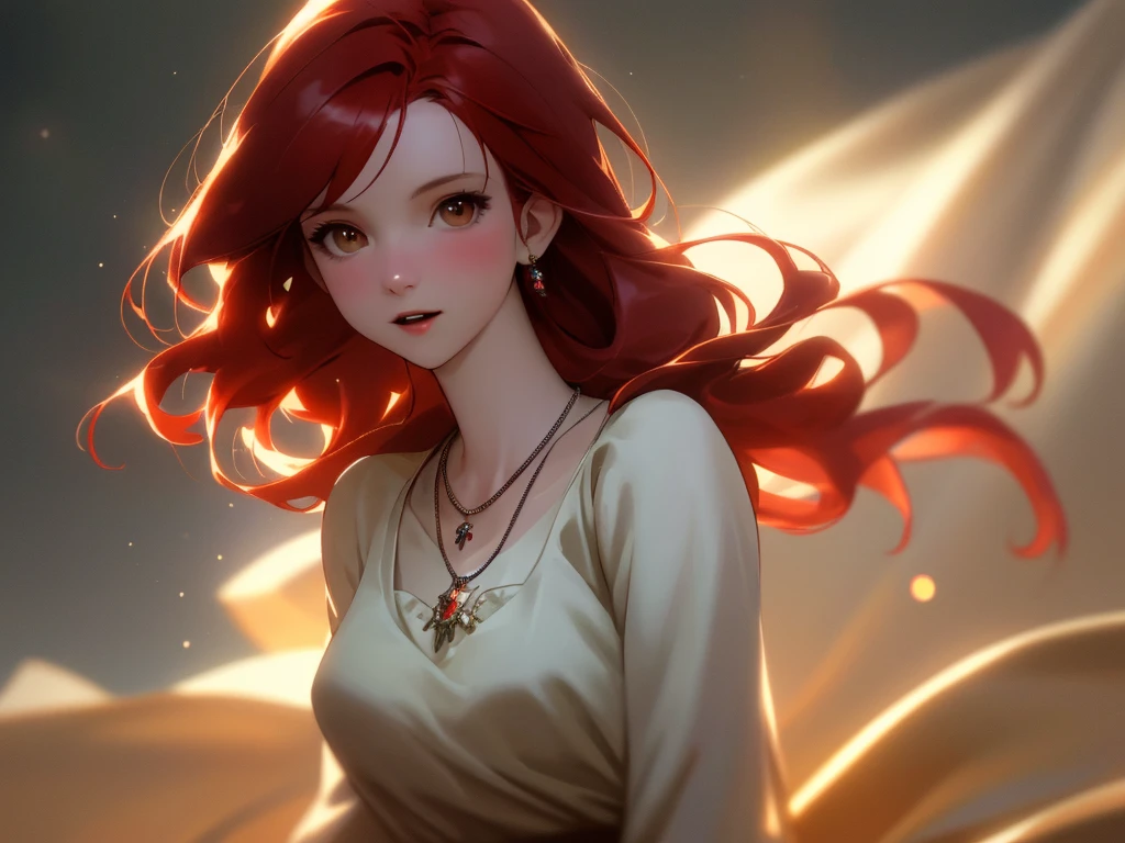 vampire, best quality, masterpiece, highres, 1girl, red hair, hair ornament, necklace, jewelry, beautiful face, upon_body, tyndall effect, photorealistic, dark studio, rim lighting, two-tone lighting, (high detailed skin: 1.2), 8k uhd, dslr, soft lighting, high quality, volumetric lighting, candid, photography, high resolution, 4k, 8k, Bokeh