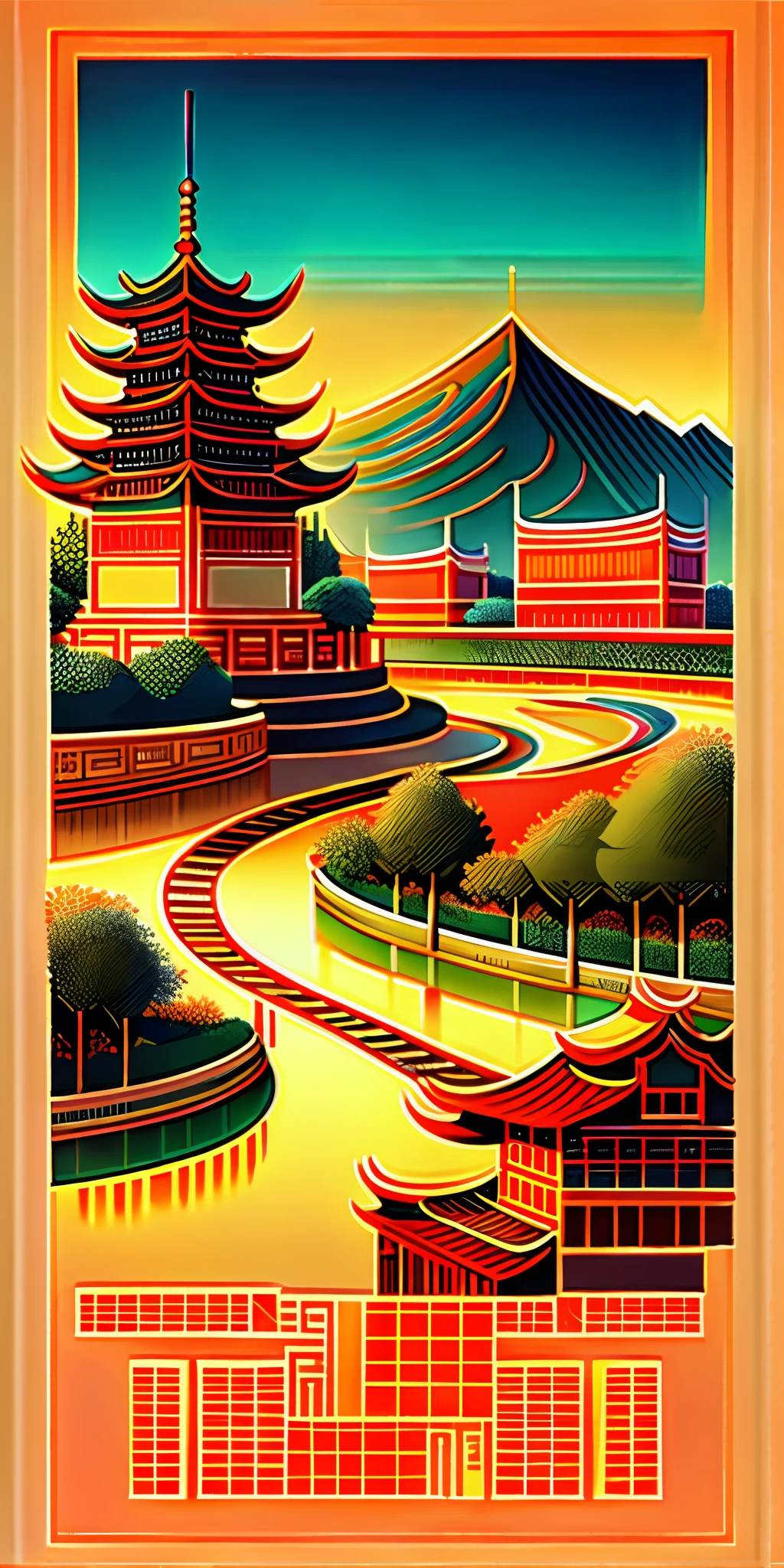 Chinese City, Xiangyang, Zhuge Liang, Moat, Xiangyang Beef Noodles, City Propaganda (Best Quality, 8K, Ultra HD, Masterpiece, 1.3), Illustration, Line Drawing, Rich Colors