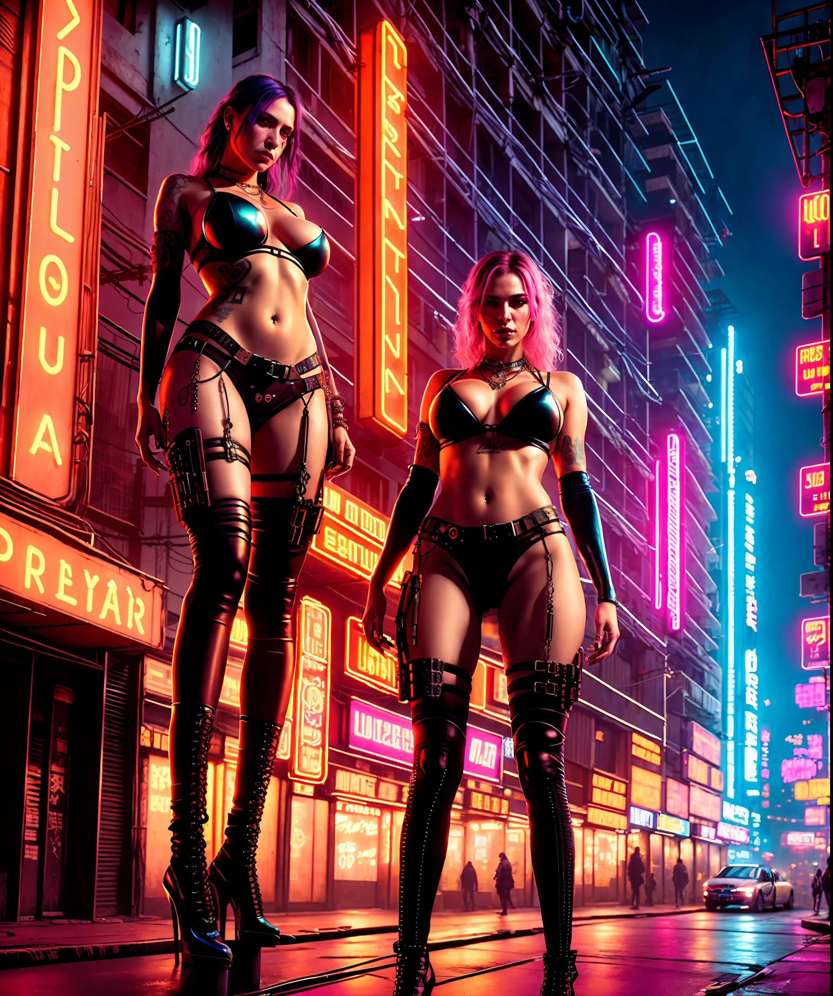 Cyberpunk art photography of a prostitute, full-length shot, extremely detailed, centered, intricate neon slums in the background, high resolution, hyper-detailed, soft lighting, film graininess