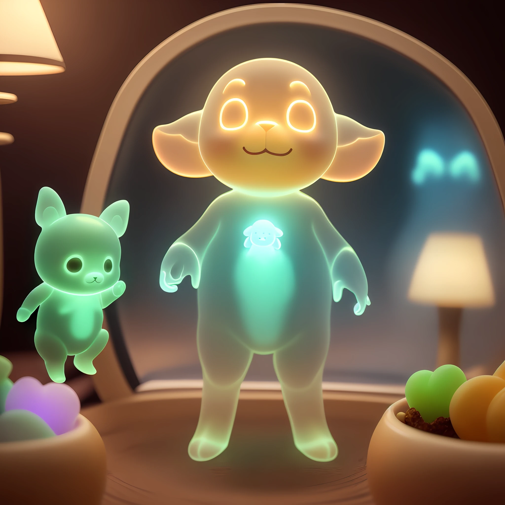 There's a little light, cute glowing animal, it's glowing, cute! C4D, glowing guy creature, translucent body, it glows from the outside, 3 D rendering even lit up, made of glowing wax, kewpie, made of glowing wax and ceramics, glowing 3D rendering, glows from the inside, made of glowing oil, ultra clear picture quality 8k