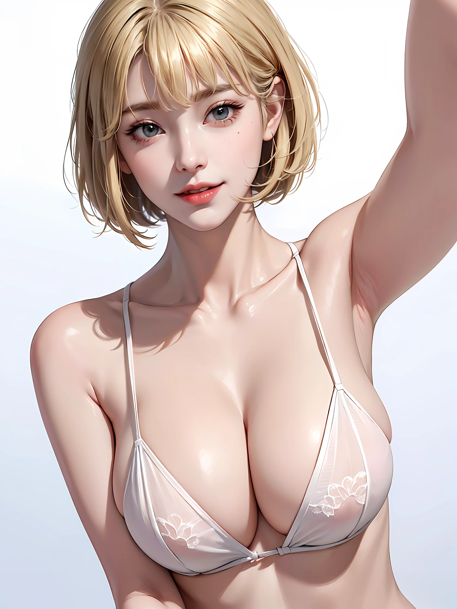 1girl, top quality, masterpiece, illustration, very delicate and beautiful, highly detailed, CG, unity, 8k wallpaper, amazing, attention to detail, masterpiece, highest quality, official art, highly detailed CG unity 8k wallpaper, ridiculous, incredibly ridiculous, huge file size, super detailed, high resolution, very detailed, beautiful detailed girl, very detailed eyes and face, beautiful detailed eyes, ( RAW photos, highest quality), (realistic, photorealistic: 1.3), full body, full body shot, white extremely small micro bikini, white shiny tiny bikini, ( ( (big breasts)))),((side breasts, lower breasts, hami breasts))), thigh gaps, ((((triangular face))), ((blonde)), short hair, short bob hair, (big drooping eyes), (puffy eyes)), ( (big breasts) )), (delusional breasts)), (K-pop idol), (charming), bangs, skinny, ((posing)), (smile), happy, looking at the viewer, facing the front, ((((cleavage)))), waist constriction, sexy, young, droopy eye makeup, seduction, eyeliner, long eyelashes, blushing cheeks, shiny lips, smile, emphasis, crotch emphasis, arms raised, armpits, huge, Very big, cute Japan girl, white gal, ((((no background)))), no background, no lights,