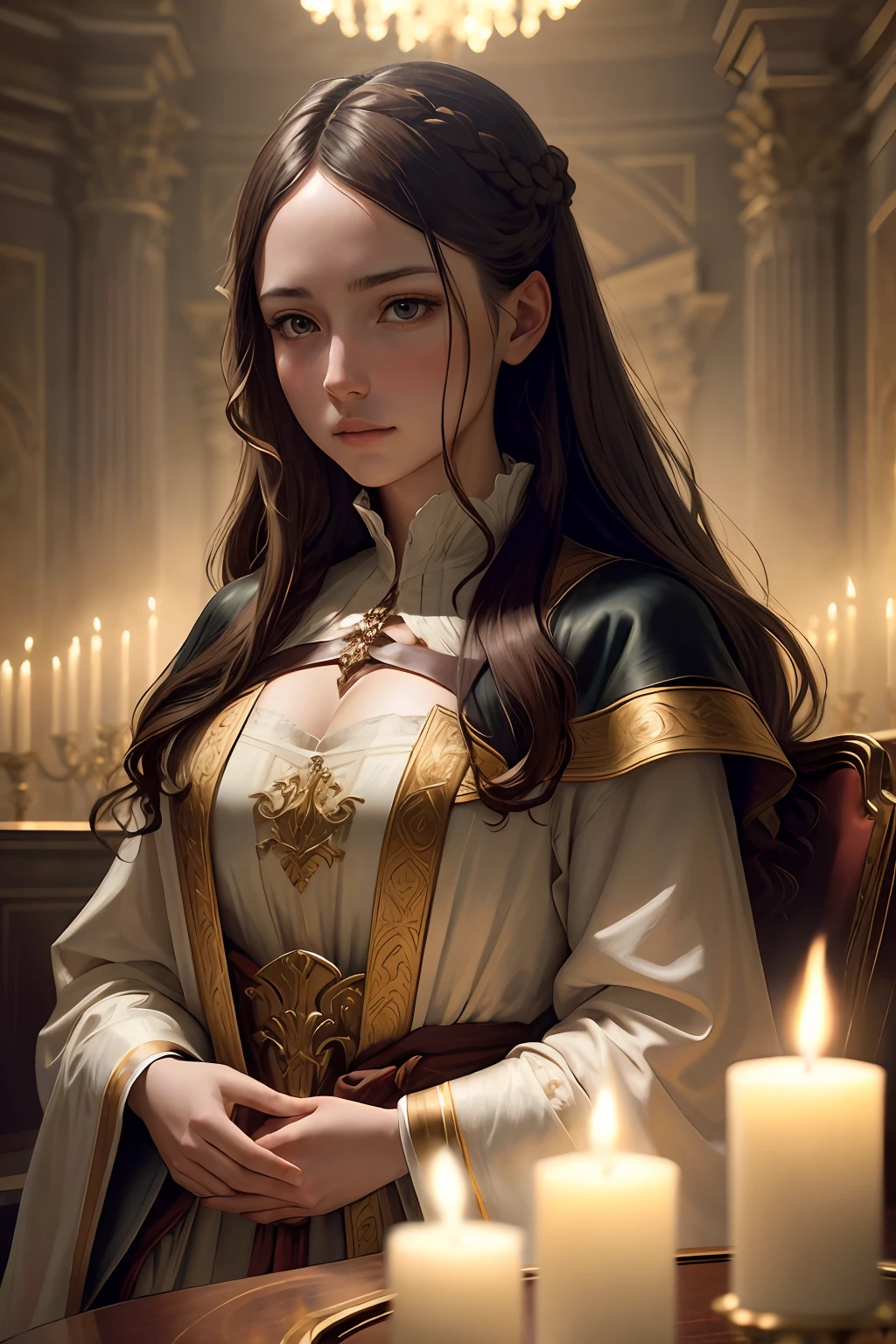 (masterpiece), (oil painting), (Greg Rutkowski), (Sandro Botticelli), (extremely detailed 8k CG unity wallpaper), (perfectly detailed and drawn eyes), (soft ambient light), (artwork ), (best artistic lighting), (best artist), (best UHD scenery), (1girl) only, of (long), braided hair, melancholy face, in subtle traces of sadness and coldness, wearing medieval ancient robes of the baroque era , with an incredible dynamic scene of a beautiful ballroom, being illuminated by a dim light from candles on the walls giving a soft and dark air, in artistic and cinematographic tones, aiming at the beauty and features of Greg Rutkowski.