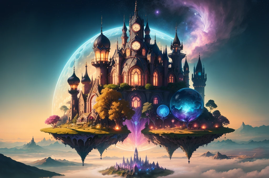 (masterpiece), Create a vibrant and fantastical scene depicting a utopia that levitates in the air above a kingdom. This mesmerizing place is filled with an array of vivid colors and enchanting luminescence, evoking a sense of wonder and awe. The utopia features extraordinary architecture and structures that defy gravity, floating gracefully in the sky. These buildings are adorned with intricate details, vibrant patterns, and embellishments that reflect a blend of futuristic and fantastical aesthetics. Luminescent elements, such as glowing crystals or ethereal energy sources, add an otherworldly glow to the entire cityscape. Beneath the levitating utopia lies a kingdom that thrives with life and activity. The kingdom itself can be depicted with a rich blend of architectural styles, combining elements of medieval, Renaissance, or even futuristic designs. The landscape surrounding the kingdom is lush and abundant, with rolling hills, waterfalls, and vibrant flora that harmonize with the magical atmosphere. The colors in this artwork are bold and saturated, ranging from vibrant hues to soft pastels. The luminescence permeates the entire scene, casting a gentle and ethereal glow on everything it touches. The sky above is filled with floating islands, airships, or other fantastical elements that add to the sense of whimsy and adventure. Camera: Choose a perspective that showcases the grandeur of the utopia and captures the harmony between the levitating city and the kingdom below. Lighting: Utilize a combination of soft ambient lighting and vibrant luminescent sources to create a magical atmosphere. Resolution: Opt for a high-resolution artwork to capture the intricate details and vibrant colors of the scene. Art Inspirations: Seek inspiration from fantasy artists renowned for their imaginative worlds and vibrant color palettes. Explore the works of artists on platforms like ArtStation, DeviantArt, or Behance, who excel in creating dreamlike and fantastical environments.