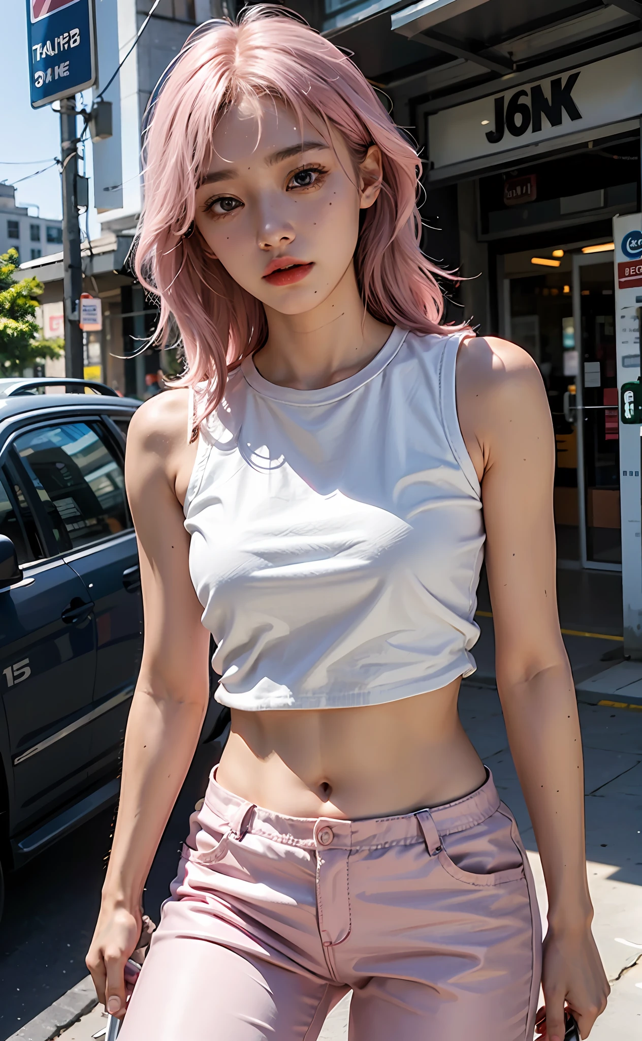 1girl, she wearing white shirt and pink pants, crop top, wearing pink nike shoes, 22 years old, scary face, adult face, 4k style, realistic, crowded, pink long hair