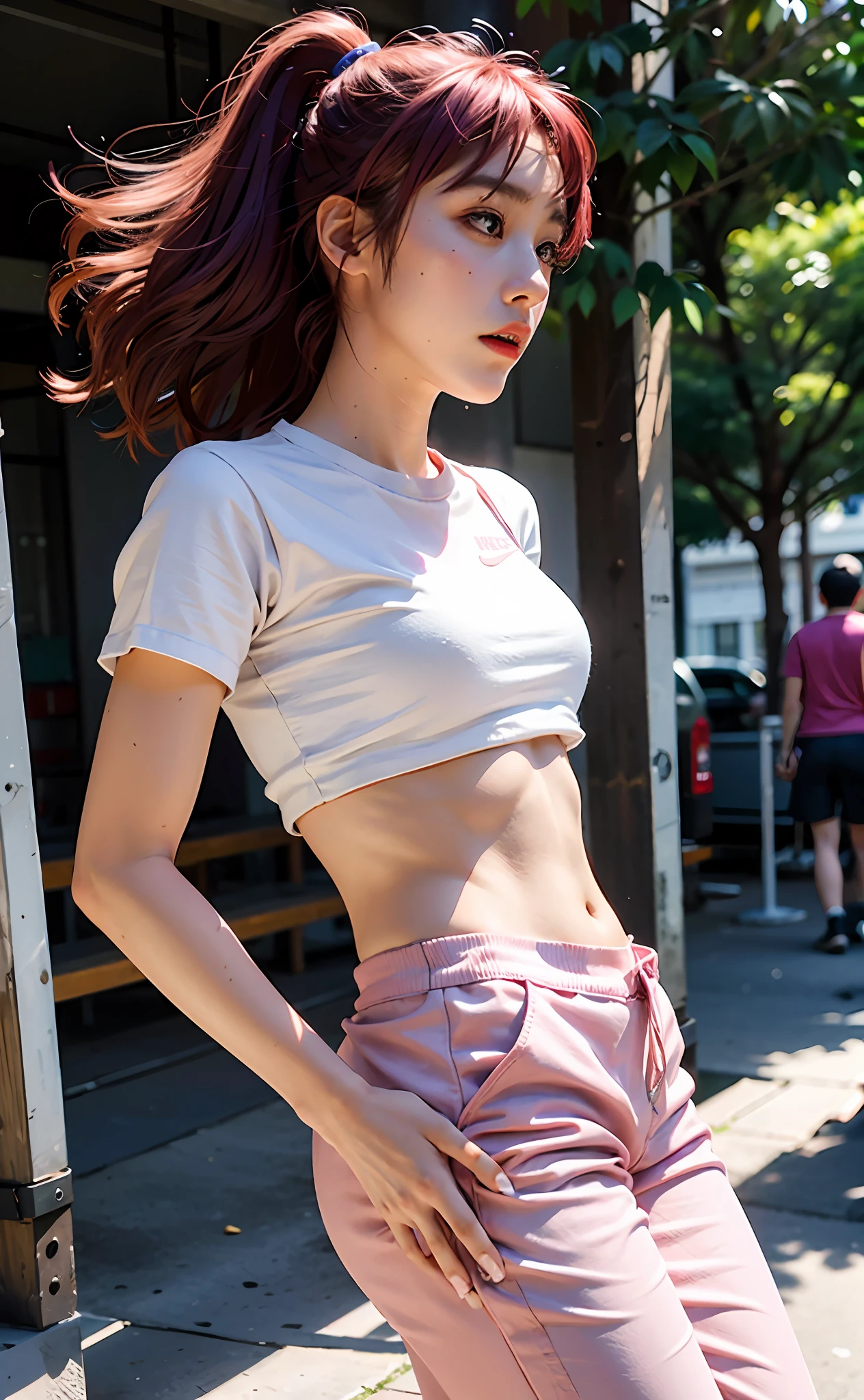 1girl, she wearing white shirt and pink pants, crop top, wearing pink nike shoes, 22 years old, scary face, adult face, 4k style, realistic, crowded, pink long hair