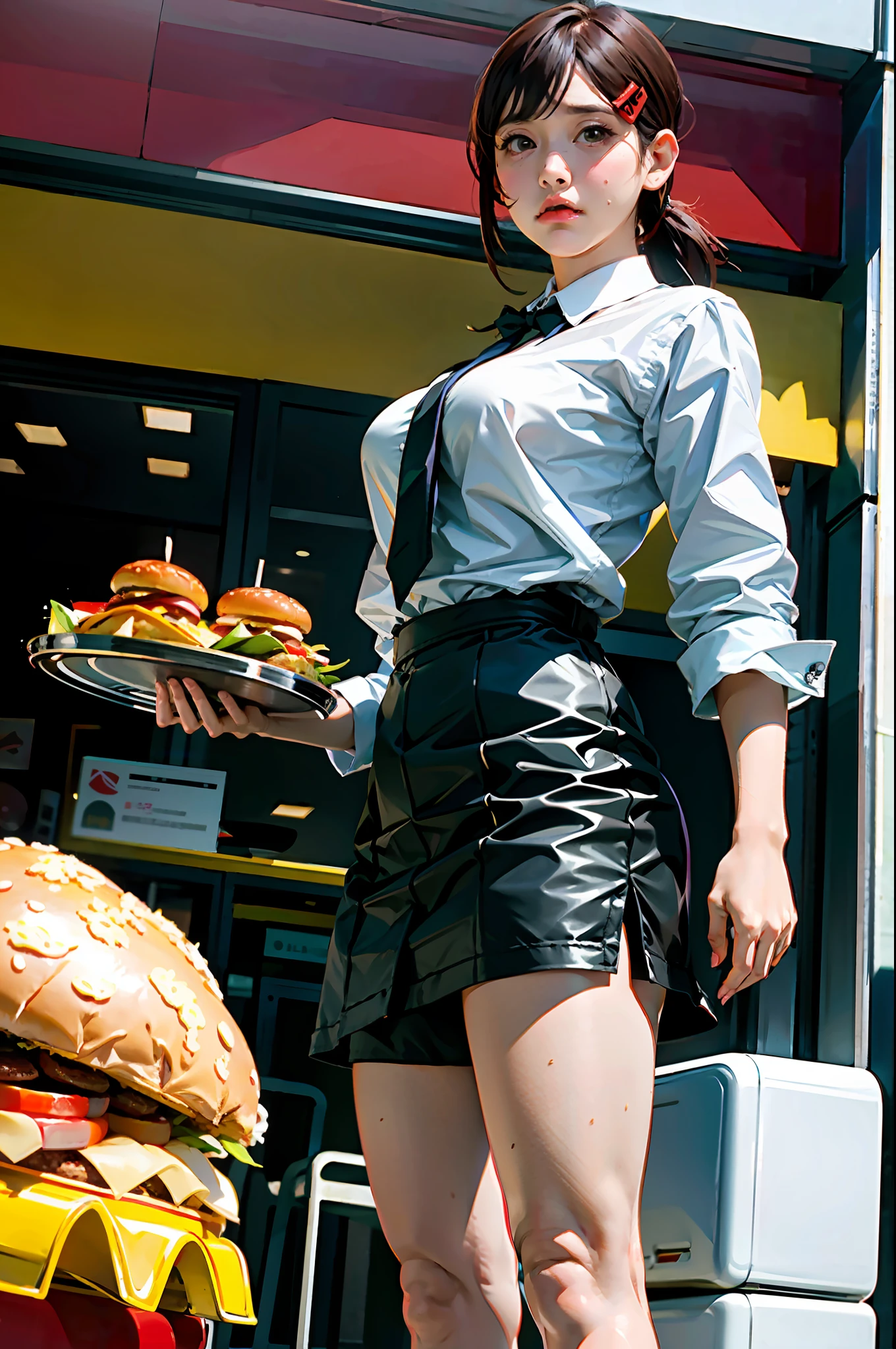 1girl, alone, large breasts, (depth of field: 1.1), (realistic, photo-realistic: 1.37), girl dressed in McDonald's uniform, carrying a hamburger tray, sad face, ((perspective from below))