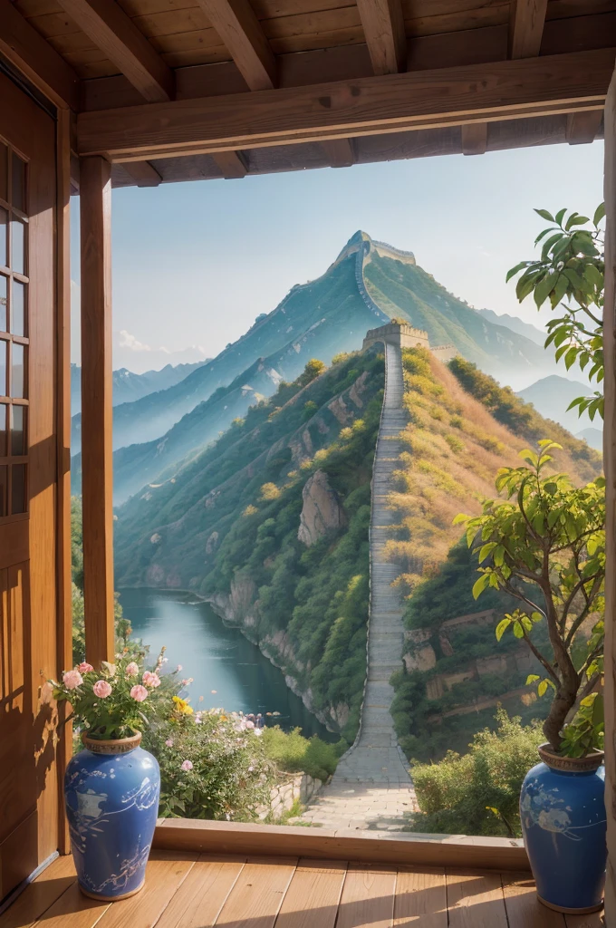 (Majestic Great Wall), absurdity, high quality, extremely fine, artwork, brushstrokes, Chinese painting, winding path, deep flowers and trees in the Zen room, morning, pillar of light, best quality, masterpiece, high painting, mountain horizon, river, forest, sunset, popular deviant art, ultra-realistic 8k, soft colors, soft lighting, golden hour, calm atmosphere
