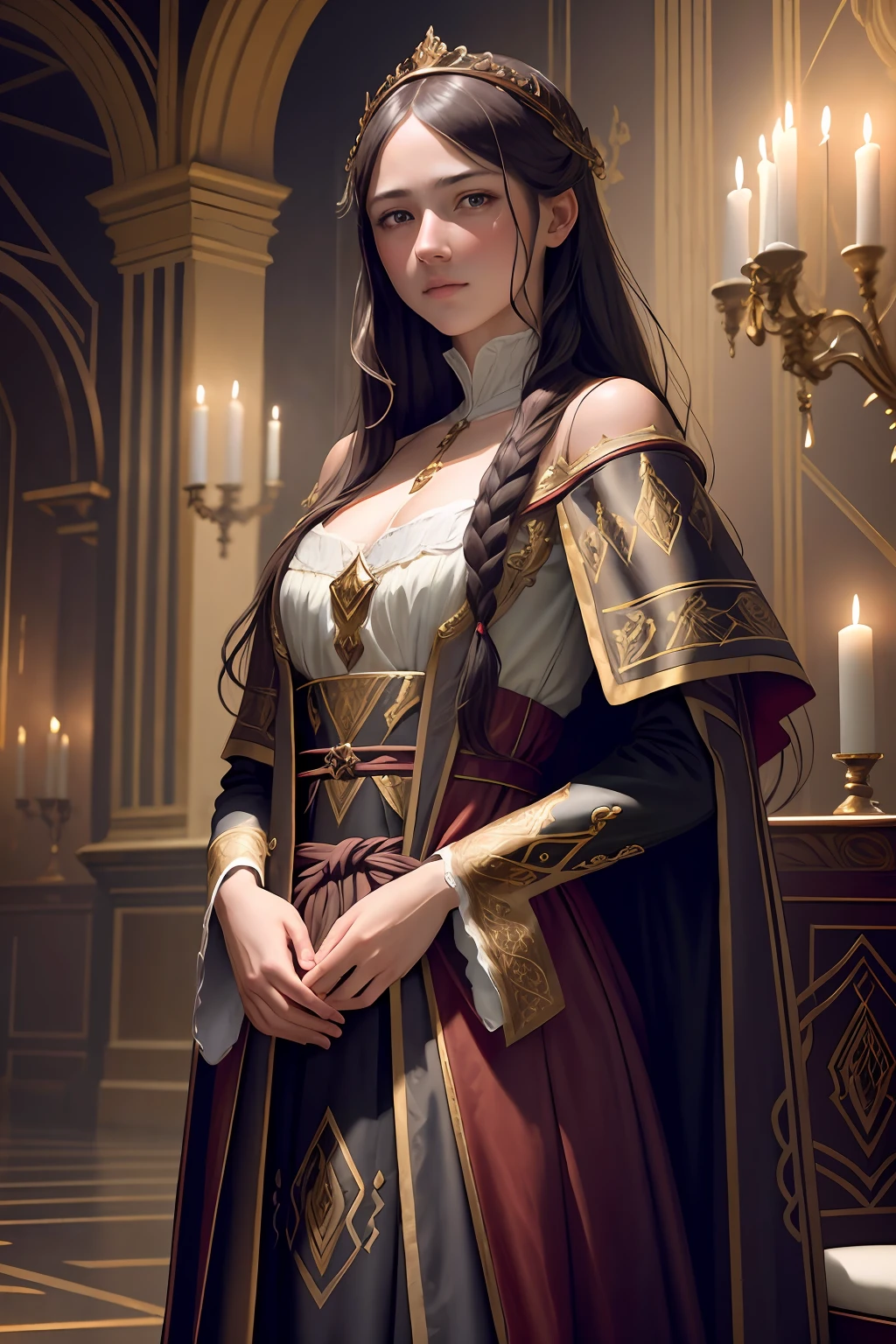 (masterpiece), (oil painting), (Greg Rutkowski), (Sandro Botticelli), (extremely detailed 8k CG unity wallpaper), (perfectly detailed and drawn eyes), (soft ambient light), (artwork ), (best artistic lighting), (best artist), (best UHD scenery), (1girl) only, of (long), braided hair, melancholy face, in subtle traces of sadness and coldness, wearing medieval ancient robes of the baroque era , with an incredible dynamic scene of a beautiful ballroom, being illuminated by a dim light from candles on the walls giving a soft and dark air, in artistic and cinematographic tones, aiming at the beauty and features of Greg Rutkowski, anime-2.5D, (detailed).