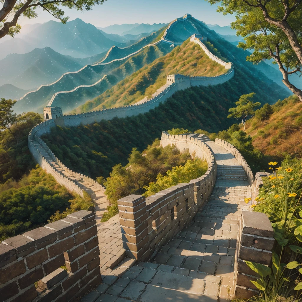 (Majestic Great Wall), absurd, high quality, extremely fine, artwork, brushstrokes, Chinese painting, winding path, deep flowers and trees in the Zen room, morning, pillar of light, best quality, masterpiece, high painting, mountain horizon, river, forest, popular deviant art, ultra-realistic 8k, soft colors, soft lighting, golden hour, calm atmosphere