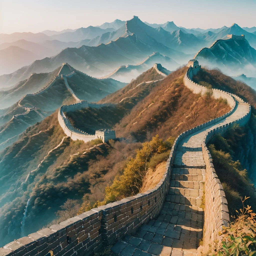 (majestic Great Wall), absurdity, high quality, extremely fine, artwork, brushstrokes, Chinese painting, winding path, morning, pillar of light, best quality, masterpiece, high painting, mountain horizon, river, forest, sunset, popular deviant art, ultra-realistic 8k, soft colors, soft lighting, golden hour, calm atmosphere