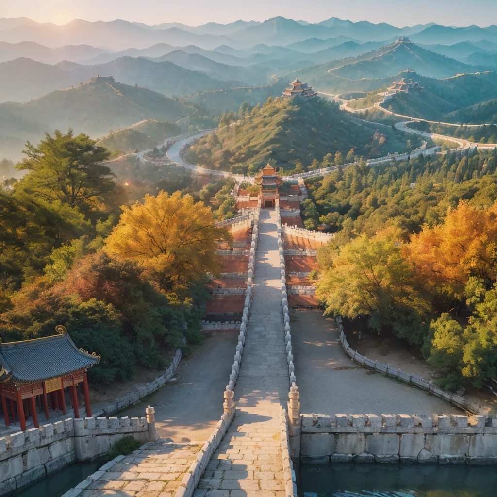 (Majestic Forbidden City in Beijing), absurdity, high quality, extremely fine, artwork, brushstrokes, Chinese painting, winding paths, morning, pillar of light, best quality, masterpiece, high painting, mountain horizon, river, forest, sunset, popular deviant art, ultra-realistic 8k, soft colors, soft lighting, golden hour, calm atmosphere