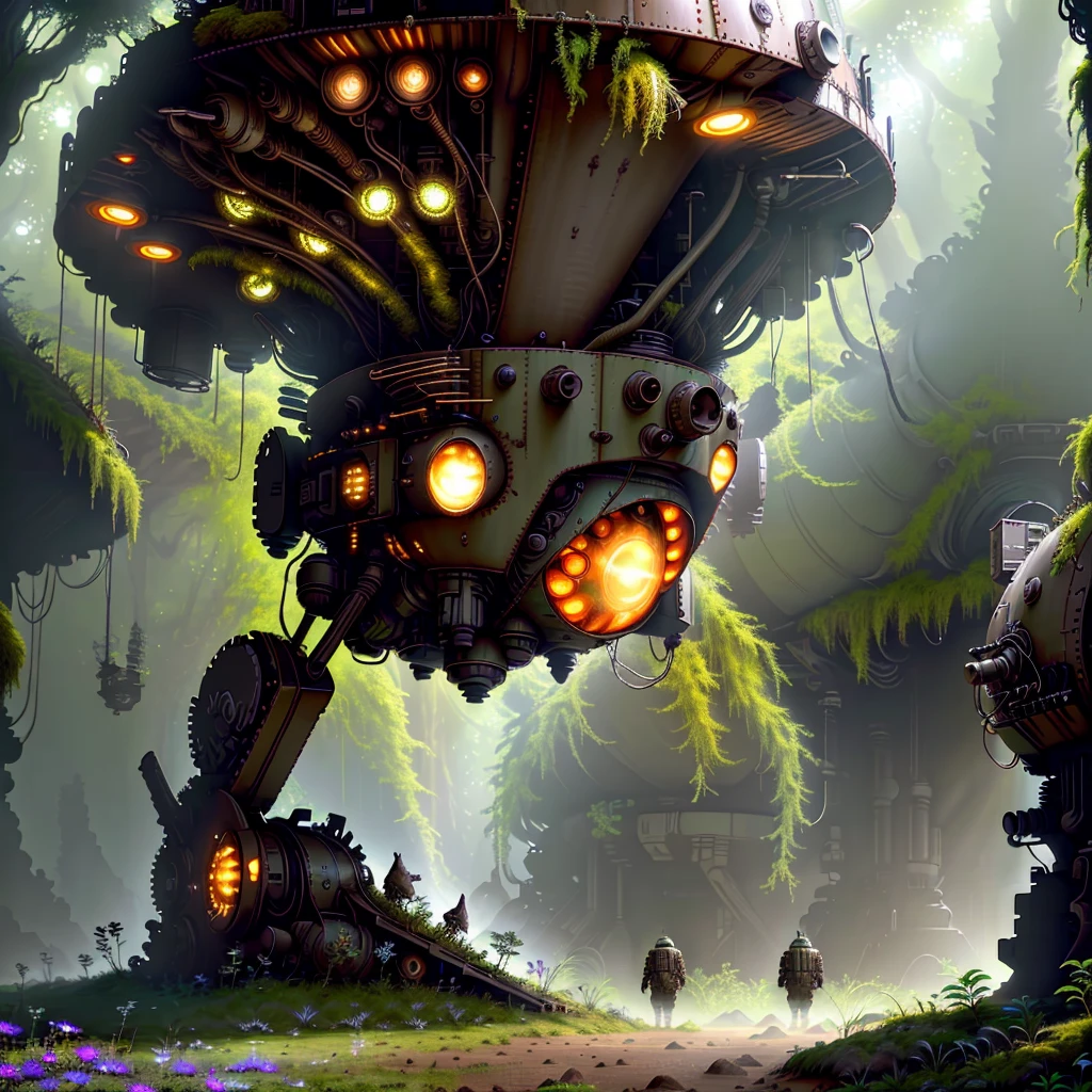 Quiet and mysterious valley, fallen rusty spaceship overgrown with moss wildflowers, an elk with legs standing next to the spacecraft, extraterrestrial scientific and technological civilization, flowers and plants growing wildly, close-up of the spaceship, sunlight shining on the spaceship through the leaves, metallic texture, close-up, a lot of details, mysterious and quiet atmosphere, cinematic rendering, detail control, cold colors, CG texture