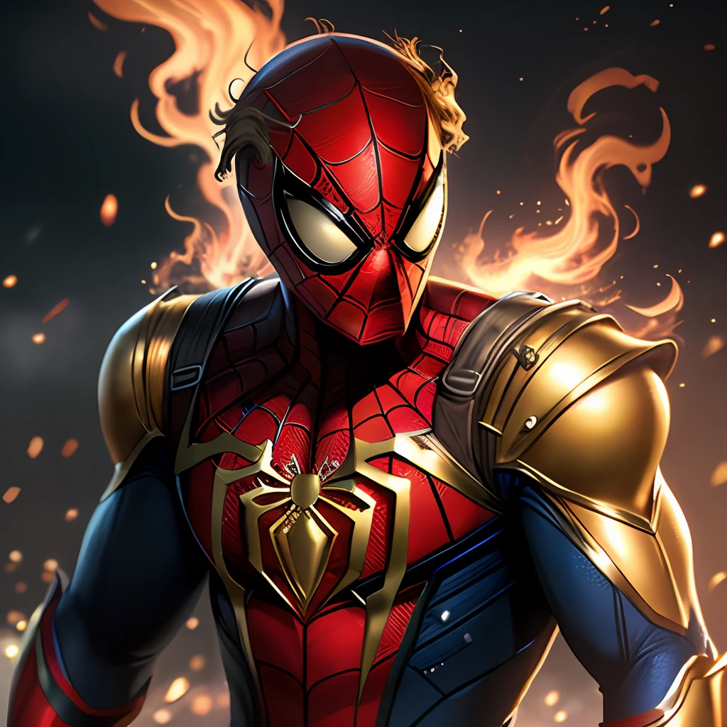 Spiderman, with gold armor, with fire web(high quality and realism) extremely detailed 4K