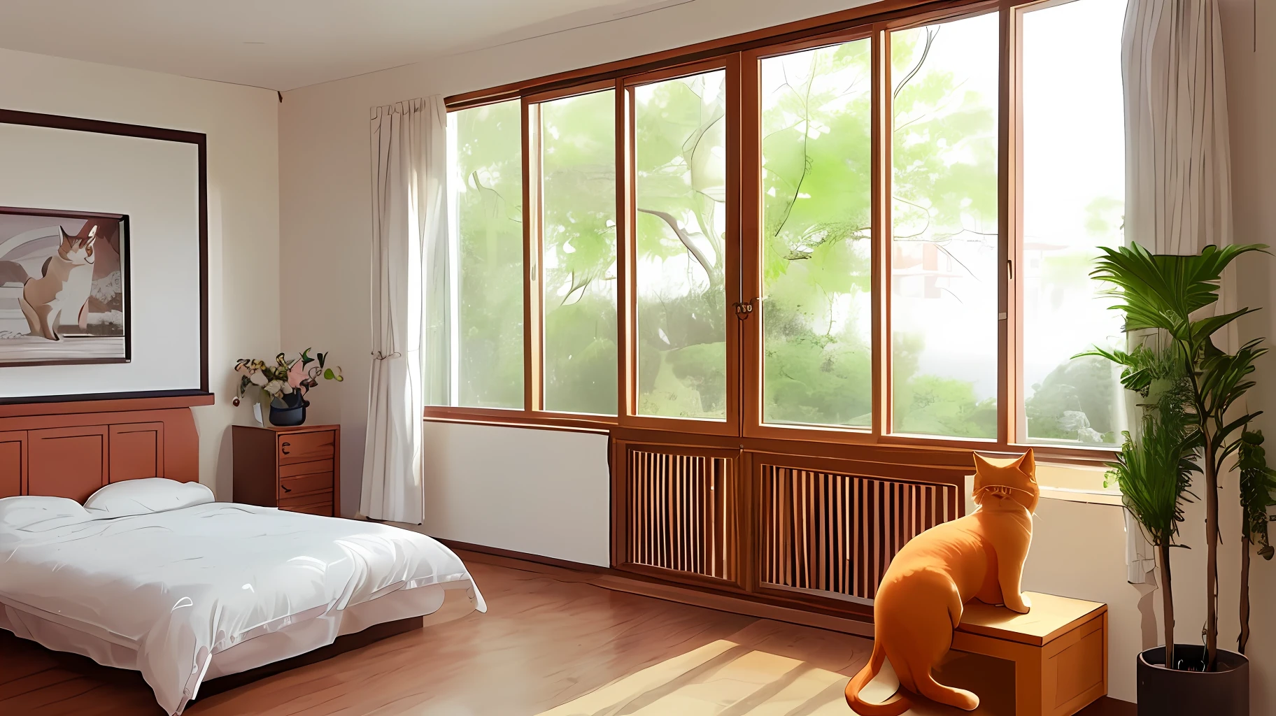 A Chinese man's bedroom, simple, bright, warm, with a large window, no one in the bedroom, there is a cat playing alone, you can see Chinese tables, chairs, books, Bruce Lee photos, beautiful potted flowers, calm orange cat, national style, masterpiece, freehand, HD, awesome composition, super detailed pictures, studio artist production, free play, perfect pictures, 4k