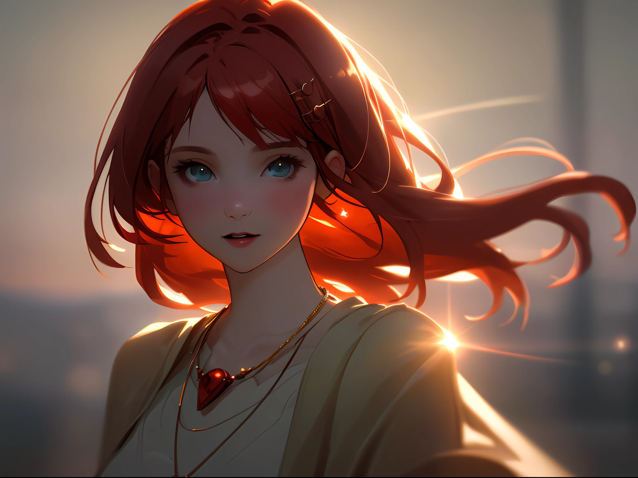 vampire, best quality, masterpiece, highres, 1girl, red hair, hair ornament, necklace, jewelry, beautiful face, upon_body, tyndall effect, photorealistic, dark studio, rim lighting, two-tone lighting, (high detailed skin: 1.2), 8k uhd, dslr, soft lighting, high quality, volumetric lighting, candid, photography, high resolution, 4k, 8k, Bokeh