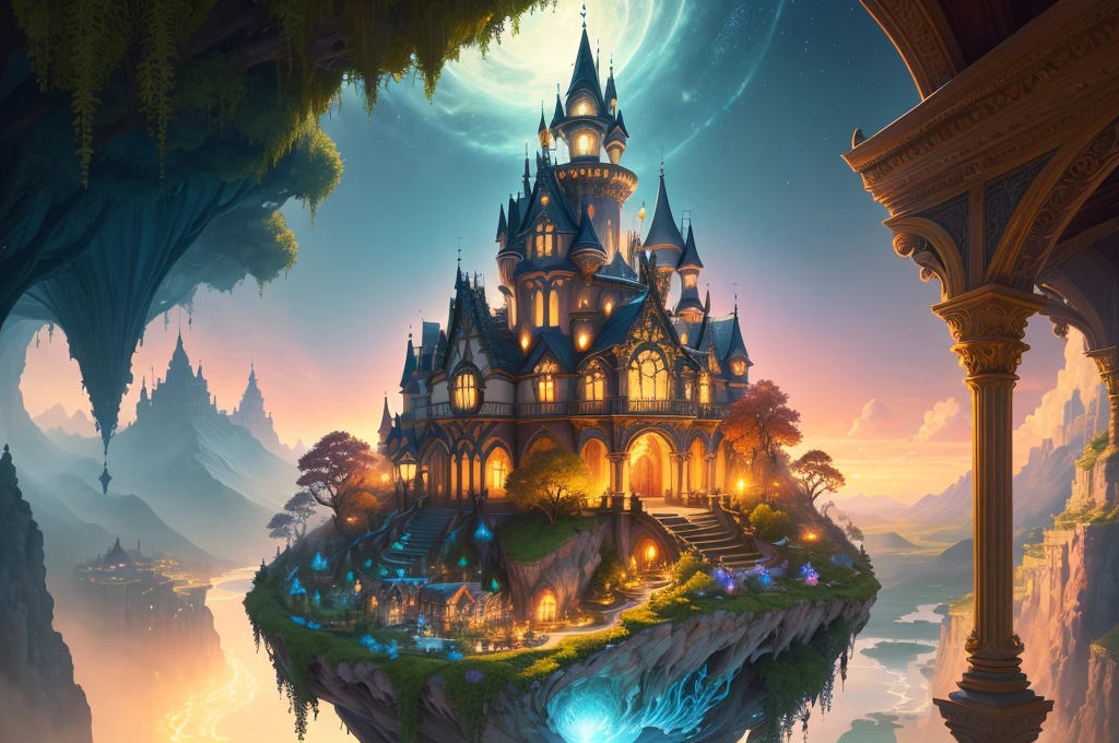 (((masterpiece))), (((best quality))), ((ultra-detailed)), (hyperrealistic), (highly detailed CG illustration), ((an extremely delicate and beautiful)), cinematic light, Create a breathtaking scene where a colorful and fantastic utopia floats above a kingdom. The levitating utopia is filled with vibrant luminescence, casting a magical glow over the entire area.
The utopia hovers gracefully above the kingdom, defying gravity with its enchanting structures and architecture. The buildings are adorned with intricate details, radiant colors, and luminescent elements that create a mesmerizing atmosphere.
Beneath the levitating utopia lies a thriving kingdom, with bustling streets, lively markets, and ornate architecture. The kingdom is nestled in a picturesque landscape, featuring rolling hills, sparkling rivers, and lush greenery that adds to the overall beauty of the scene.
Colors in this artwork are vivid and vibrant, ranging from bold hues to soft pastels. The luminescent elements bring an ethereal quality to the surroundings, illuminating the utopia and the kingdom below.
Camera: Choose an angle that captures the majesty of the levitating utopia and the charm of the kingdom.
Lighting: Employ a combination of soft and radiant lighting to enhance the luminescent effect and create a magical ambiance.
Resolution: Opt for a high-resolution artwork to showcase the intricate details and vibrant colors of the scene.
Art Inspirations: Seek inspiration from artists known for their imaginative and fantastical landscapes. Explore the works of renowned fantasy artists who excel in creating captivating and vibrant worlds.