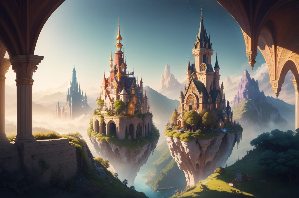 (((masterpiece))), (((best quality))), ((ultra-detailed)), (hyperrealistic), (highly detailed CG illustration), ((an extremely delicate and beautiful)), cinematic light, Create a breathtaking scene where a colorful and fantastic utopia floats above a kingdom. The levitating utopia is filled with vibrant luminescence, casting a magical glow over the entire area.

The utopia hovers gracefully above the kingdom, defying gravity with its enchanting structures and architecture. The buildings are adorned with intricate details, radiant colors, and luminescent elements that create a mesmerizing atmosphere.

Beneath the levitating utopia lies a thriving kingdom, with bustling streets, lively markets, and ornate architecture. The kingdom is nestled in a picturesque landscape, featuring rolling hills, sparkling rivers, and lush greenery that adds to the overall beauty of the scene.

Colors in this artwork are vivid and vibrant, ranging from bold hues to soft pastels. The luminescent elements bring an ethereal quality to the surroundings, illuminating the utopia and the kingdom below.

Camera: Choose an angle that captures the majesty of the levitating utopia and the charm of the kingdom.
Lighting: Employ a combination of soft and radiant lighting to enhance the luminescent effect and create a magical ambiance.
Resolution: Opt for a high-resolution artwork to showcase the intricate details and vibrant colors of the scene.

Art Inspirations: Seek inspiration from artists known for their imaginative and fantastical landscapes. Explore the works of renowned fantasy artists who excel in creating captivating and vibrant worlds.
