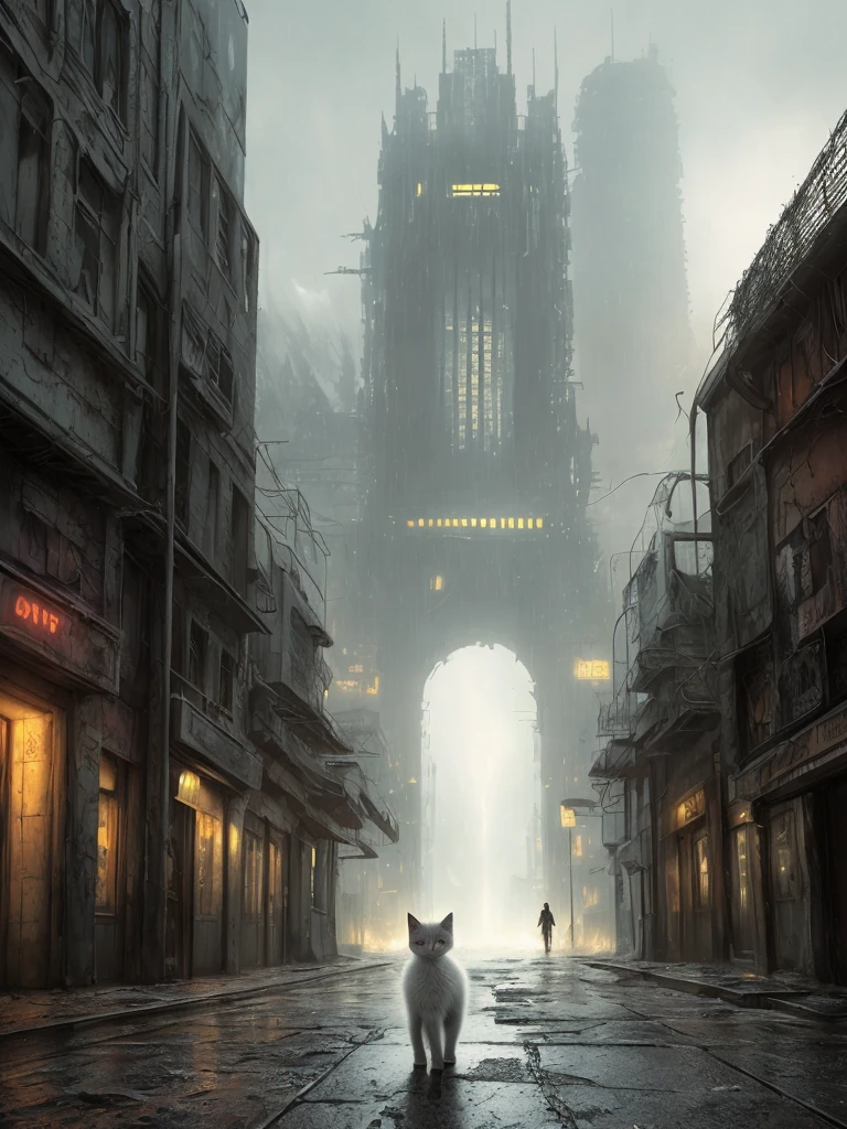 (ultra photorealistic: 1.3) image of a cute kitten in sci-fi armor walking down the alley of an apocalyptic city, abandoned, rtx, reflections, cinematic lighting, octane, 8k, best quality, masterpiece, illustration, apocalyptic city, destroyed, fire, debris, fog, detailed skin, full body, beautiful eyes, few electric lights, neon sign, rainy day, art by hr giger, tail