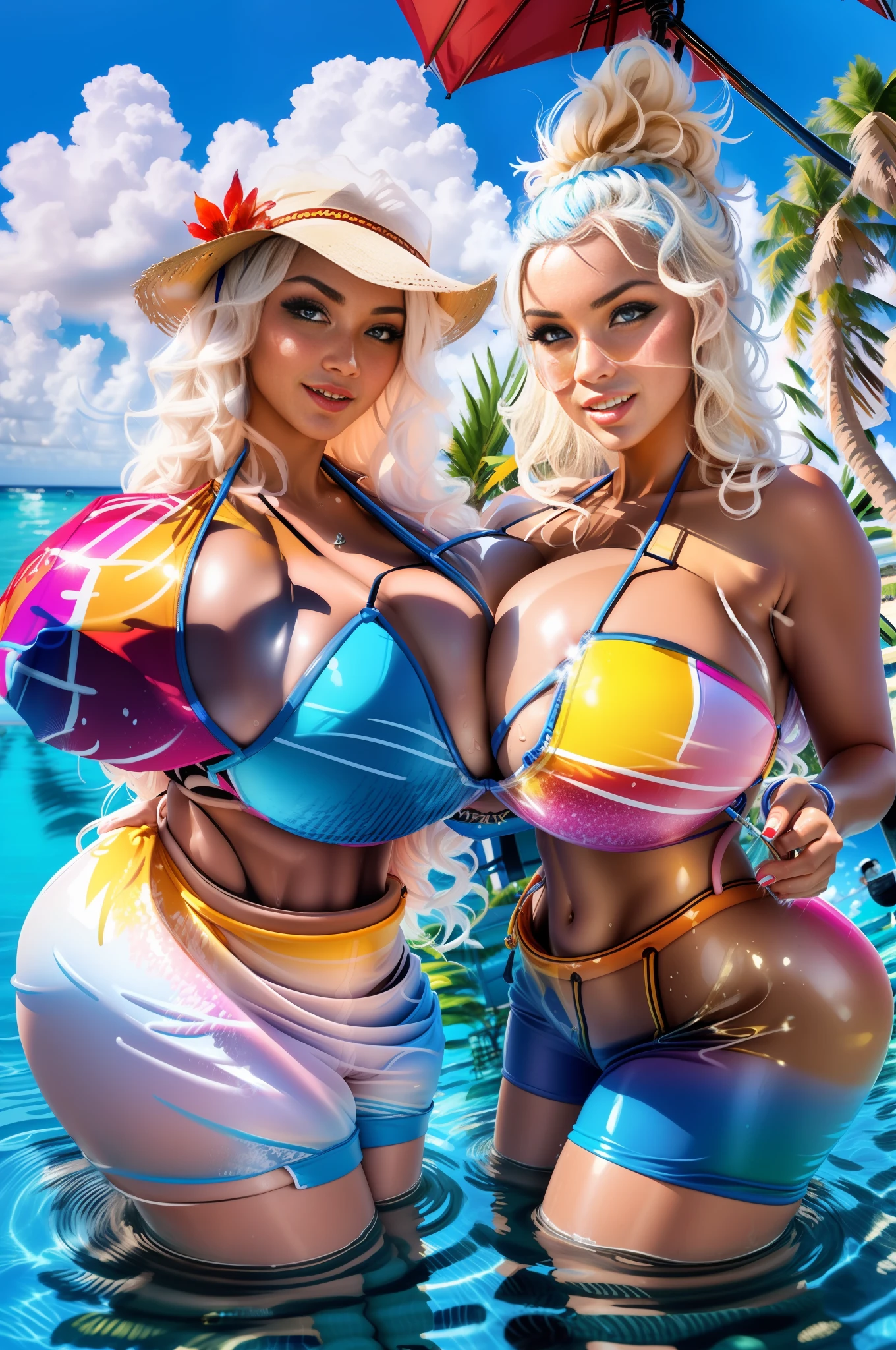 two bimbofied women in bikinis sitting in the water under an umbrella, bottom angle, having fun in the sun, full figure, blue bikini, wearing two - piece swimsuit, vacation photo, is wearing a swimsuit, two models in the frame, aruba, dressed in belts bikini, in the sun, on a sunny beach, in a luxurious pool, bikini model, tans