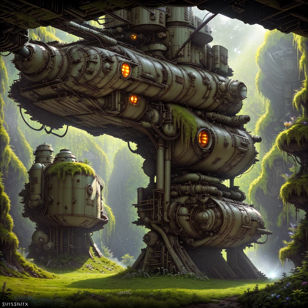 Secluded and mysterious valley, falling rusty spaceship overgrown with moss wildflowers, spacecraft half-hidden underground, an elk standing in front of the spacecraft gazing at the spaceship, semi-realistic sense, extraterrestrial scientific and technological civilization, flowers and plants grow wildly, close-up of the spaceship, sunlight shining on the spaceship through the leaves, metallic texture, close-up, a lot of details, mysterious and quiet atmosphere, cinematic rendering, detail control, cold tones, lens sense