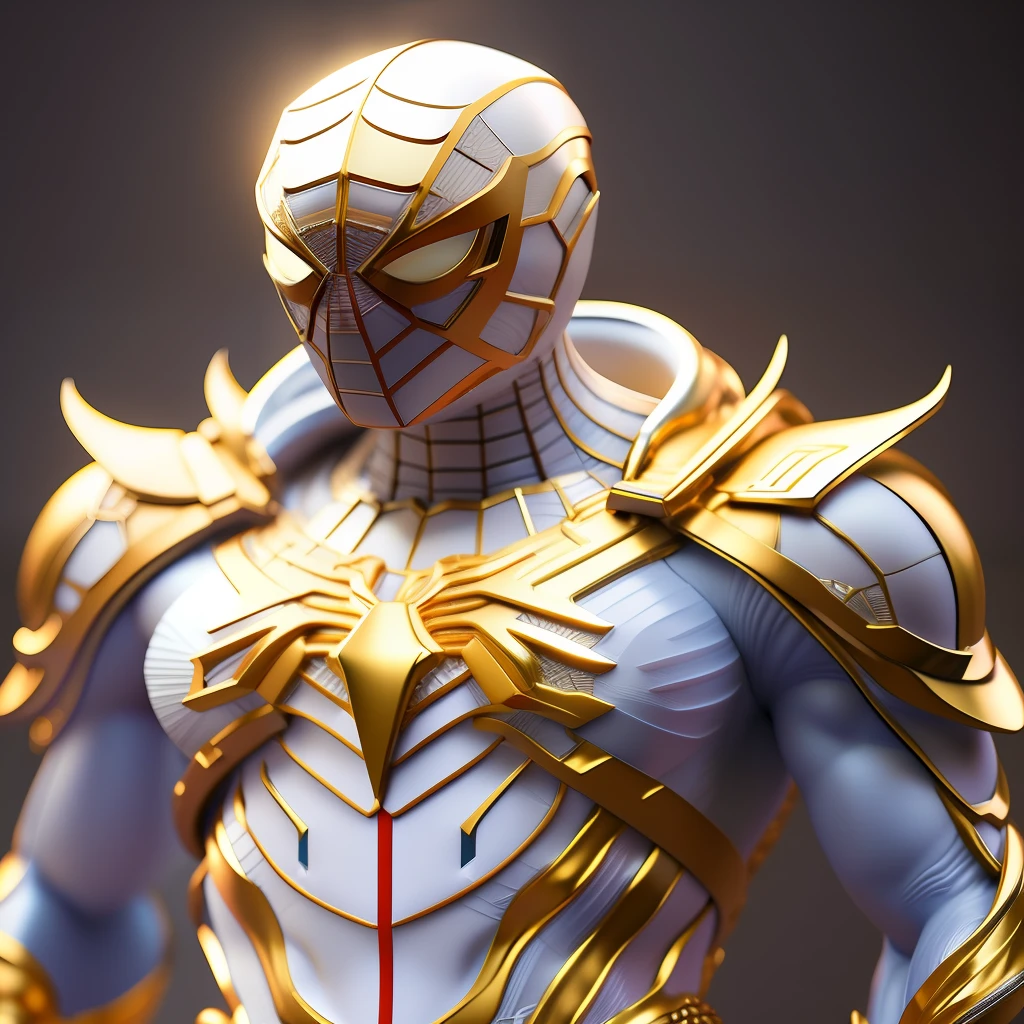 a close up of a statue of a man with a gold and white costume, super detailed render, 3 d render character art 8 k, intricate white and gold armor, full samurai armor spiderman, high detail iconic character, 8k render”, octane render ”, octane render”, super detailed octane render, super rendered in octane render, hyper detailed 3 d render, futuristic style spiderman