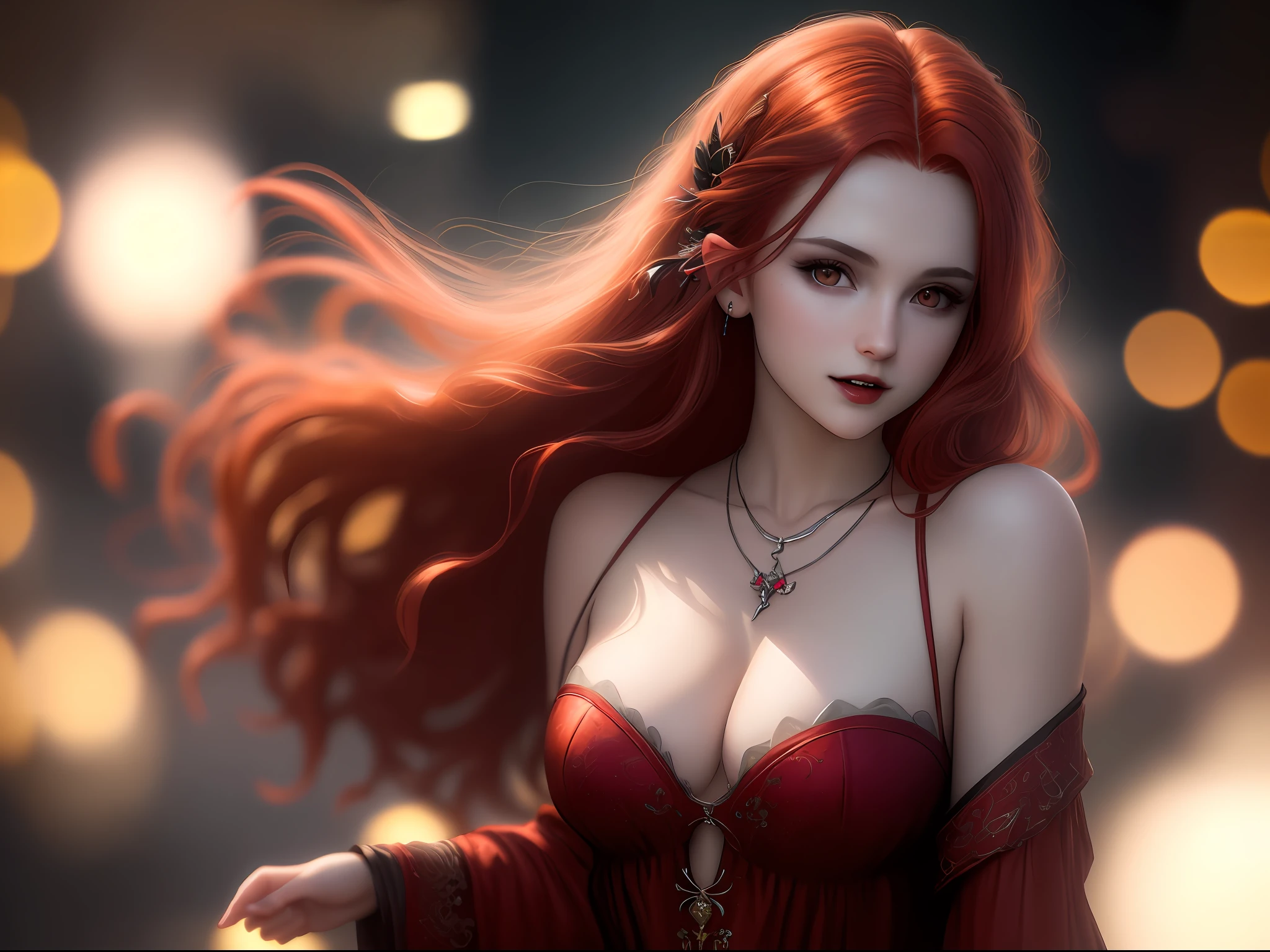 vampire, best quality, masterpiece, highres, 1girl, red hair, hair ornament, necklace, jewelry, beautiful face, upon_body, tyndall effect, photorealistic, dark studio, rim lighting, two-tone lighting, (high detailed skin: 1.2), 8k uhd, dslr, soft lighting, high quality, volumetric lighting, candid, photography, high resolution, 4k, 8k, Bokeh