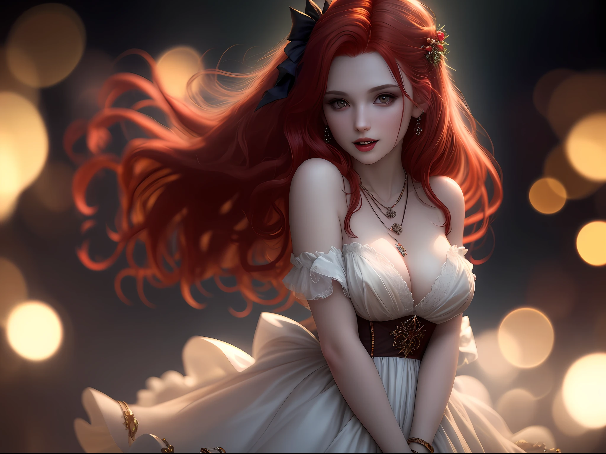 vampire, best quality, masterpiece, highres, 1girl, red hair, hair ornament, necklace, jewelry, beautiful face, upon_body, tyndall effect, photorealistic, dark studio, rim lighting, two-tone lighting, (high detailed skin: 1.2), 8k uhd, dslr, soft lighting, high quality, volumetric lighting, candid, photography, high resolution, 4k, 8k, Bokeh