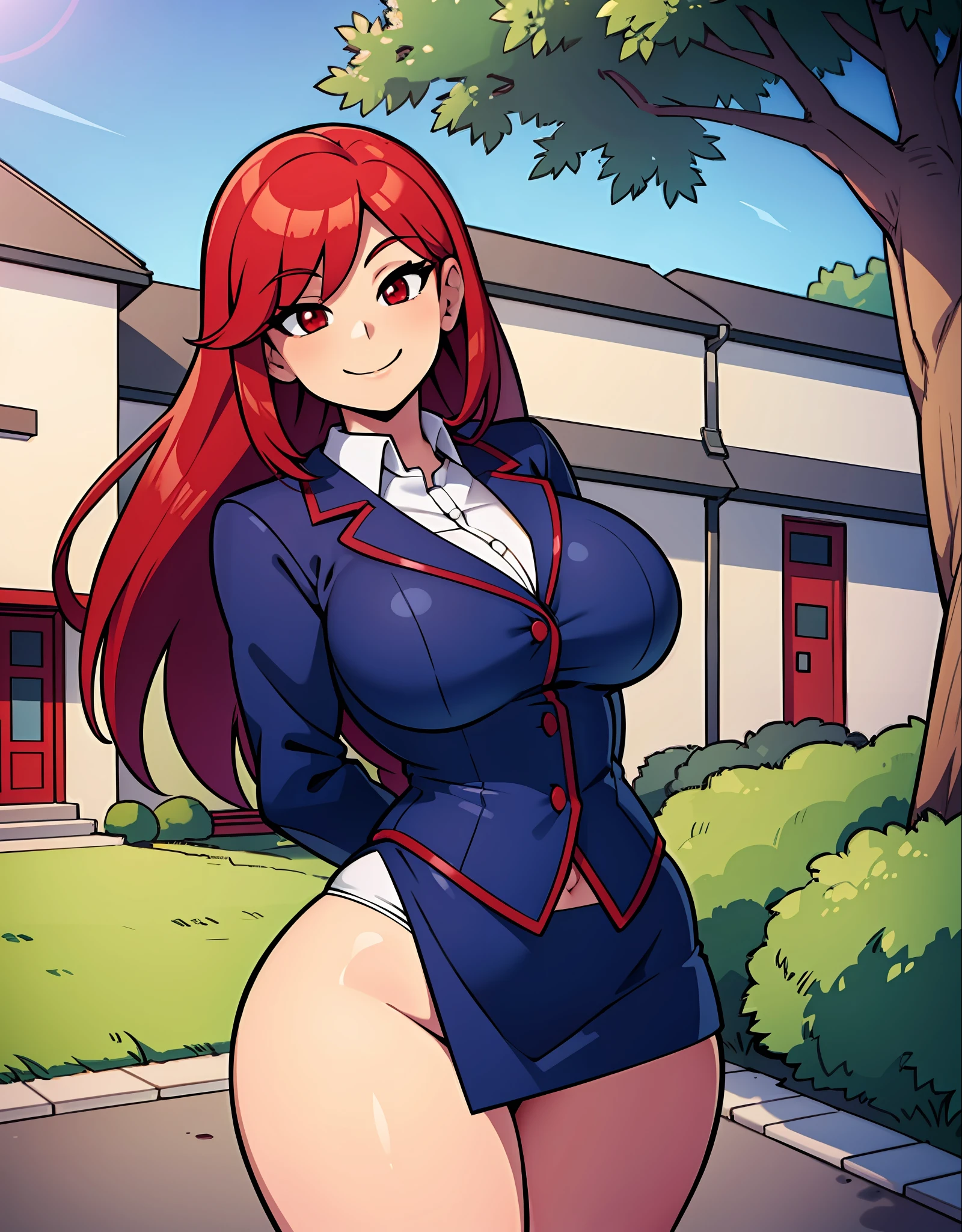 girl, red hair, big breasts, (wide hips:1.2), standing, smile, school uniform, blue miniskirt, hands at sides, looking at viewer, outside, near tree, arms behind back, (road:0.6), pov, looking at viewer, facing viewer, perfect eyes, red eyes, vampire pale skin