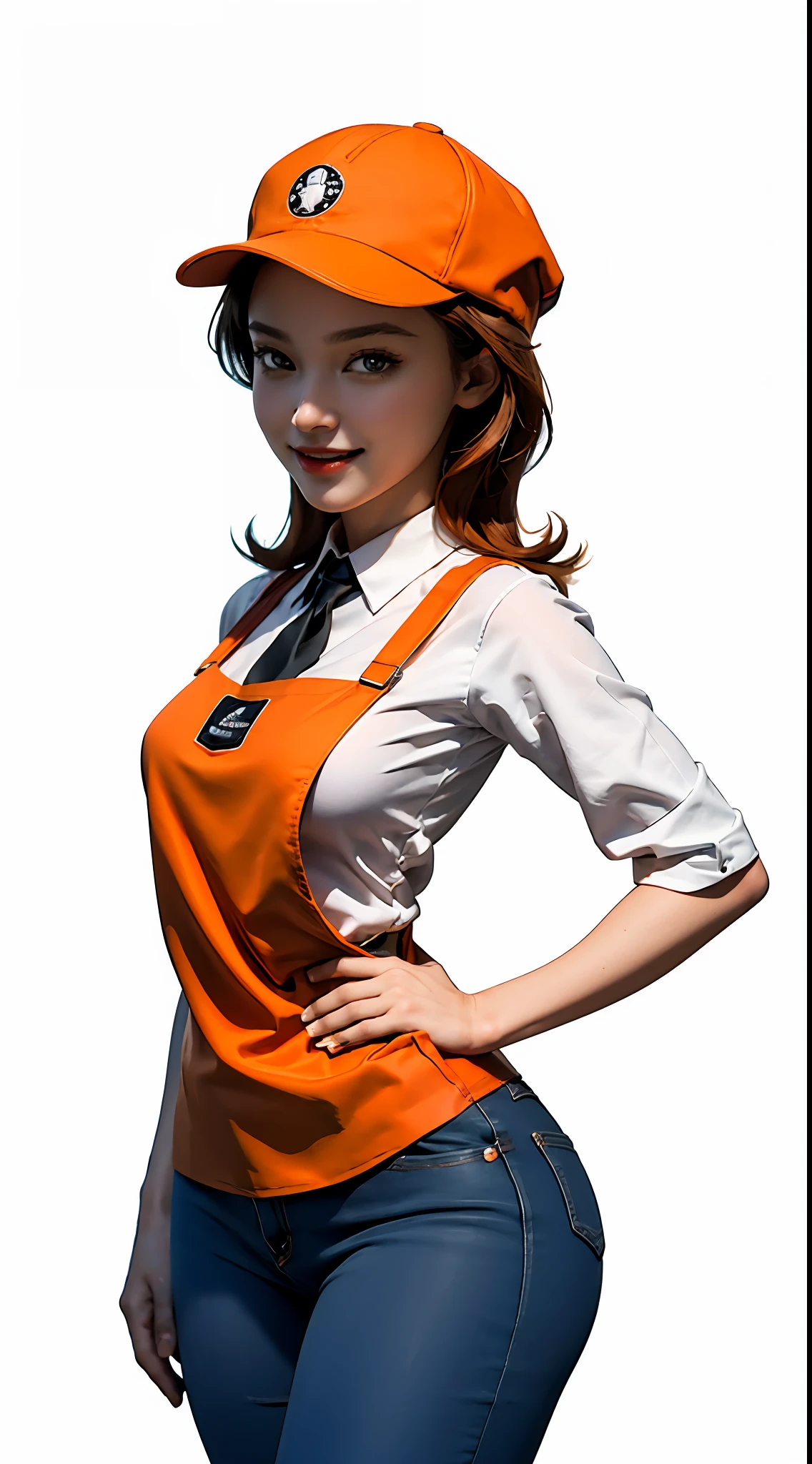Best quality, realistic, award-winning illustration, (complicated detail: 1.2), (fine detail), (complicated detail), (cinematic lights, best quality), sharp lines, sharp focus, official art, 16k, on a white background, A woman with smiling face, Brazilian, wearing cap, orange and black cap, wearing jeans posing for a photo, motorcycle wasp model 1970, white background, a playful young boss, Wearing black and orange apron uniform, woman of amazing body, with medium black colored hair, next to black wasp motorcycle, pronounced feminine feature, flirting with the camera.