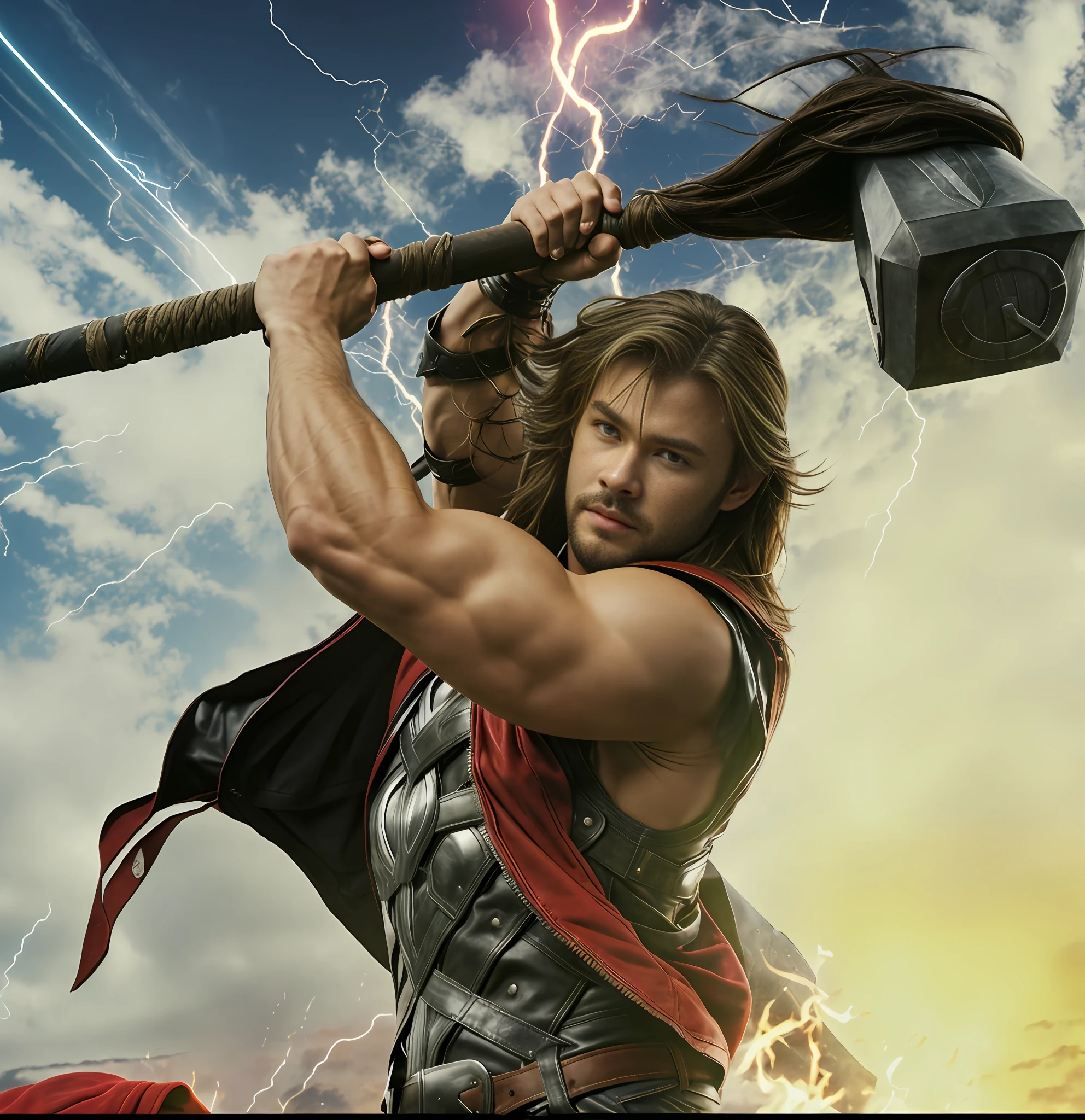 Actor Chris Hemsworth, Thor, long hair, leather jacket, holding axe.
