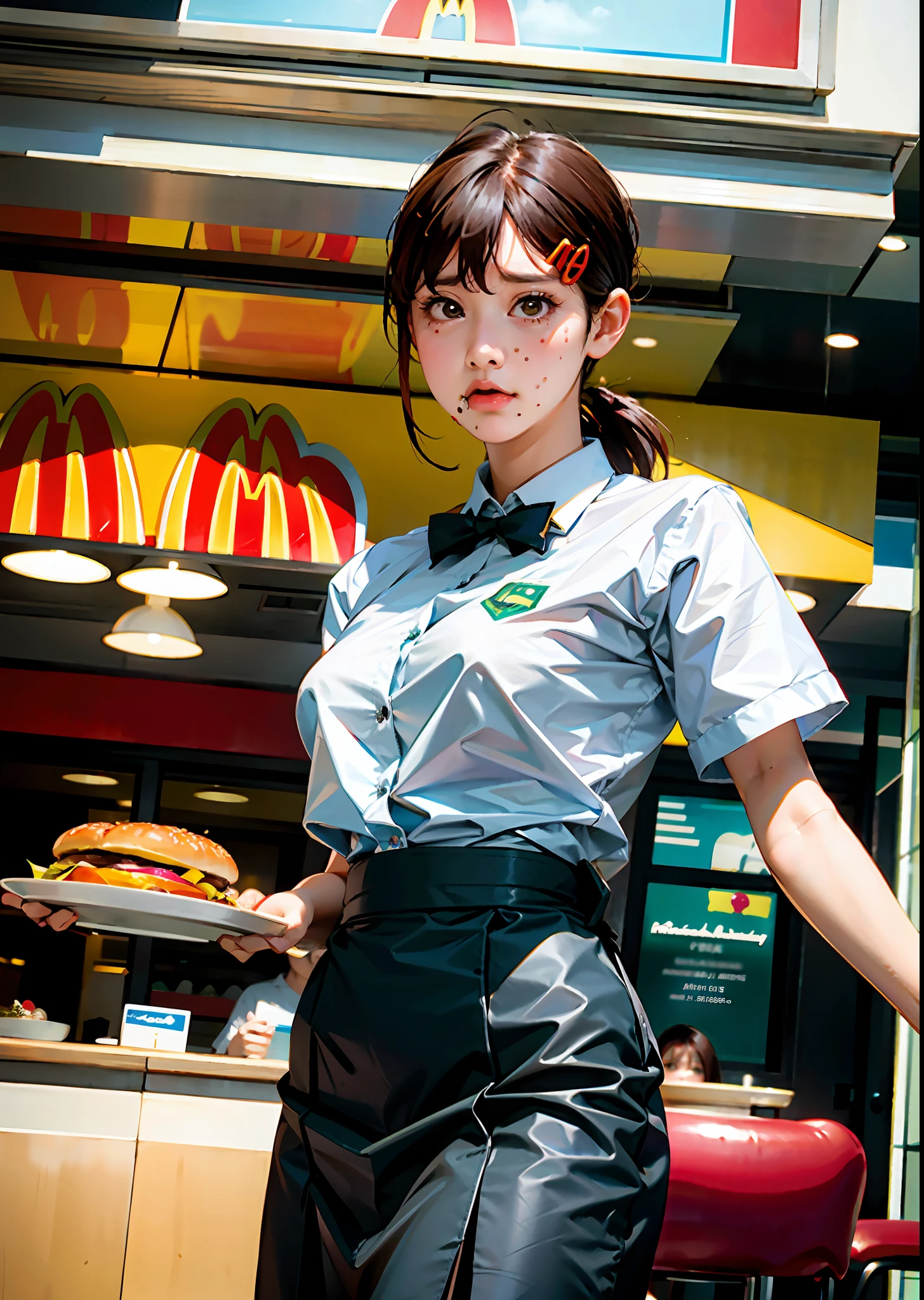 1girl, alone, large breasts, (depth of field: 1.1), (realistic, photo-realistic: 1.37), girl dressed in McDonald's uniform, waitress, carrying a hamburger tray, sad face, ((perspective from below))