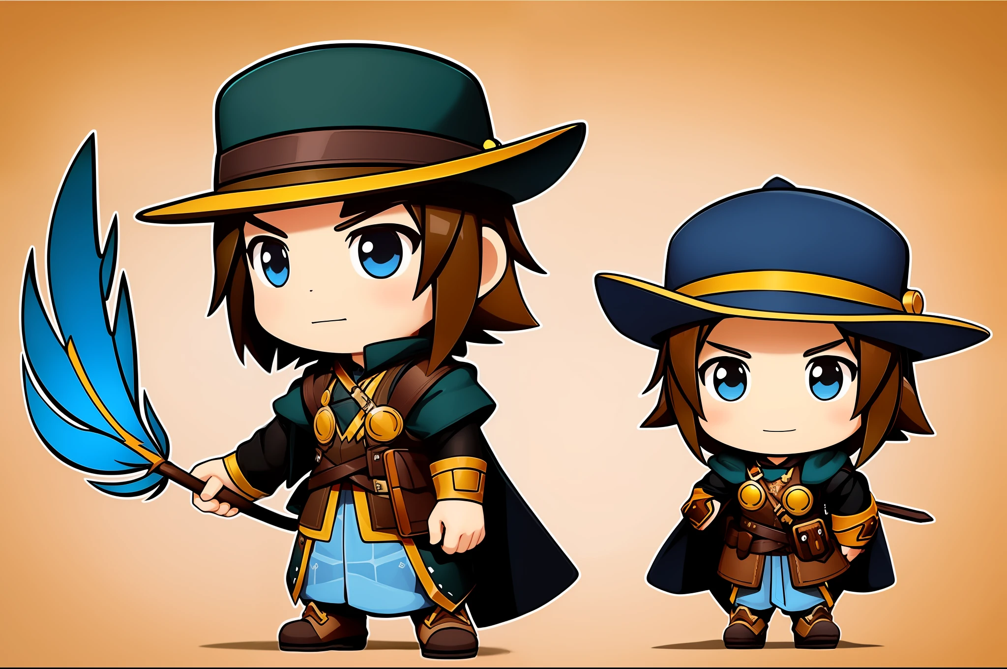 cartoon illustration of two people dressed in different costumes and hats, maple story indiana jones, character art of maple story, hero 2 d fanart artsation, advanced digital chibi art, high quality character design, style as nendoroid, set of high quality hd sprites, game character design, chibi art, jrpg character art, stylized anime, full body wuxia