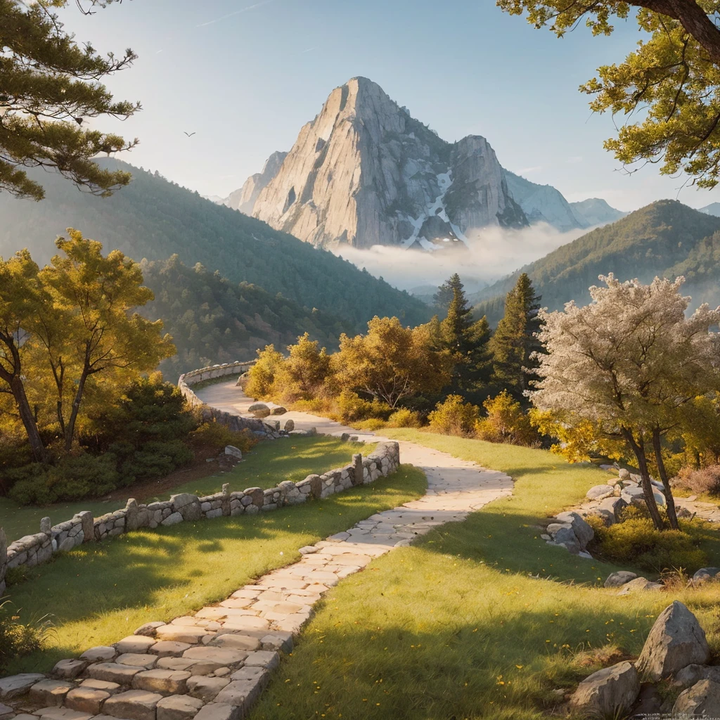(a large pile of gold and silver jewelry), low viewing angle, high quality, extremely fine, artwork, brush strokes, sun, Chinese painting, winding path, morning, pillar of light, best quality, masterpiece, high painting, mountain horizon, forest, popular deviant art, ultra-realistic 8k, soft colors, soft lighting, golden hour, calm atmosphere
