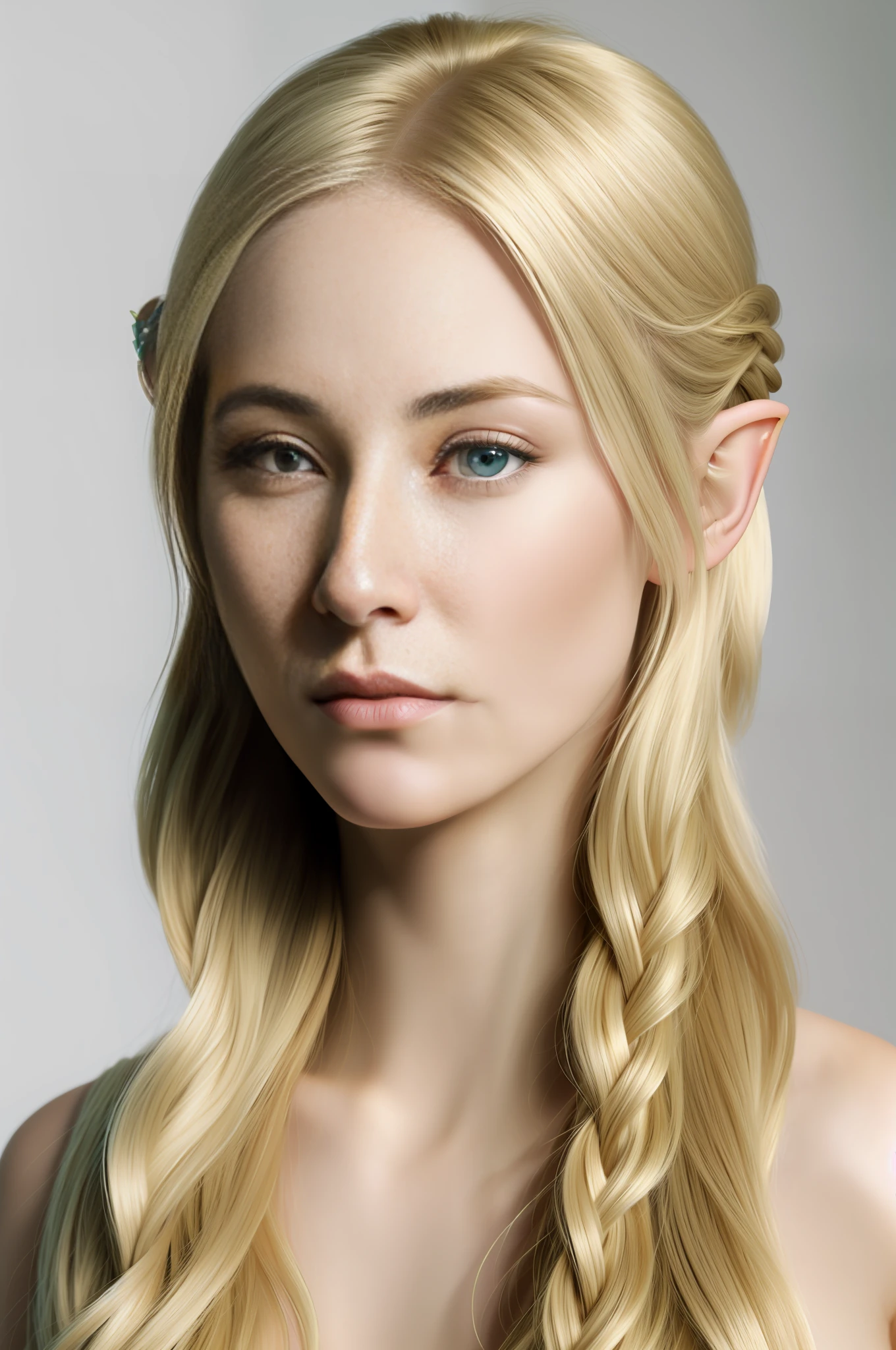 blond woman with blue eyes and a braided hairs with a green eye, side portrait of elven royalty, portrait of an elf queen, elven princess, portrait of very beautiful elf, beautiful and elegant female elf, portrait of an elf, blonde elvish empress, beautiful elven princess, a portrait of an elf, very beautiful elven top model, detailed matte fantasy portrait