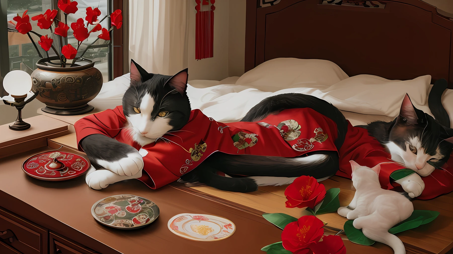 Chinese man napping on bedroom table, with a pot of red flowers on the table, a cat lying on his left side, imaginative and creative pictures, ultra-detailed pictures, epic composition, national style, freehand, HD, 4k