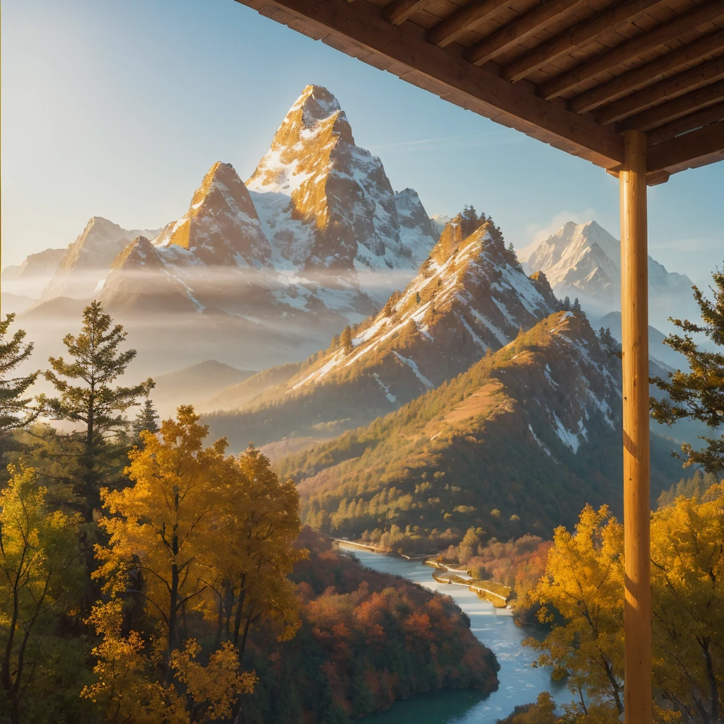 (Gold), Low Viewing Angle, High Quality, Very Fine, Artwork, Brush Strokes, Sun, Chinese Painting, Morning, Pillar of Light, Best Quality, Masterpiece, High Painting, Mountain Horizon, Forest, Popular Deviant Art, Ultra-realistic 8K, Soft Colors, Soft Lighting, Golden Hour, Calm Atmosphere