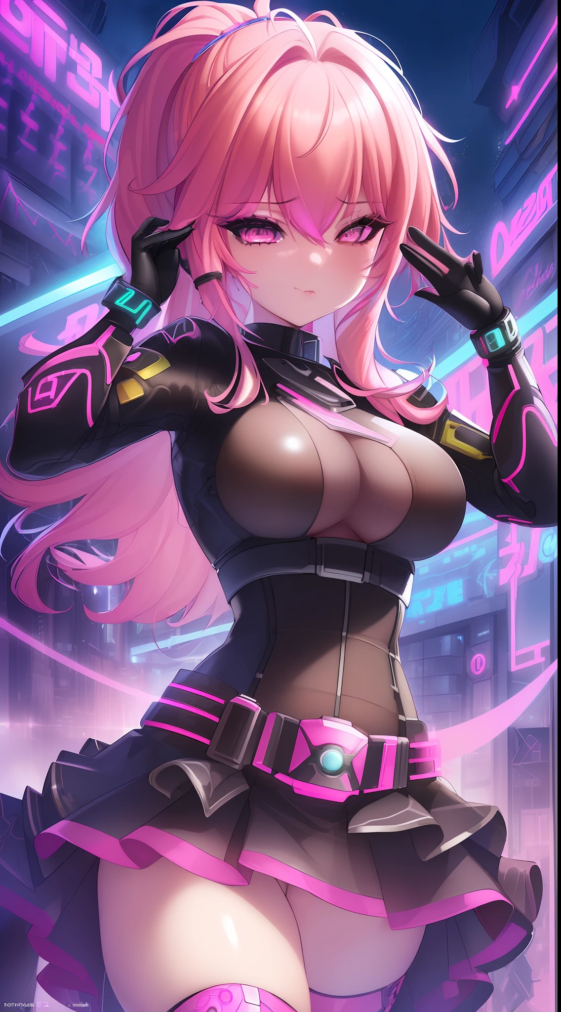 "(ultra-detailed CG illustration), best quality, masterpiece, dreamlike, beautiful, futuristic, neo city vibe, neon lights, night, high saturation, (1 girl with pink hair:1.3), (dancing:1.1), (K-pop:1.1) stylish, sexy, (sfw, appropriate for all ages), (Nicole Demara (zzz): 1.2)."