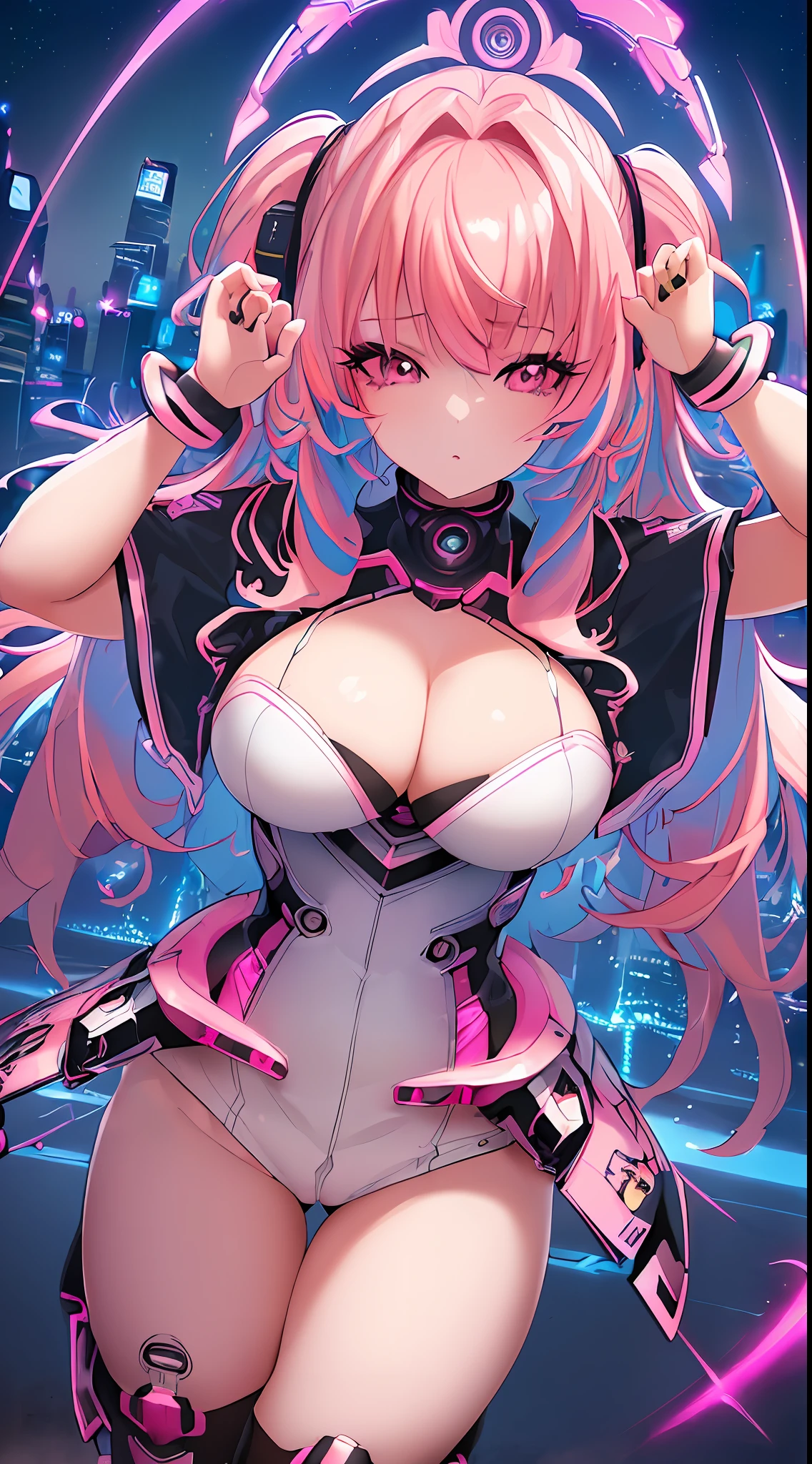 "(ultra-detailed CG illustration), best quality, masterpiece, dreamlike, beautiful, futuristic, neo city vibe, neon lights, night, high saturation, (1 girl with pink hair:1.3), (dancing:1.1), (K-pop:1.1) stylish, sexy, (sfw, appropriate for all ages), (Nicole Demara (zzz): 1.2)."