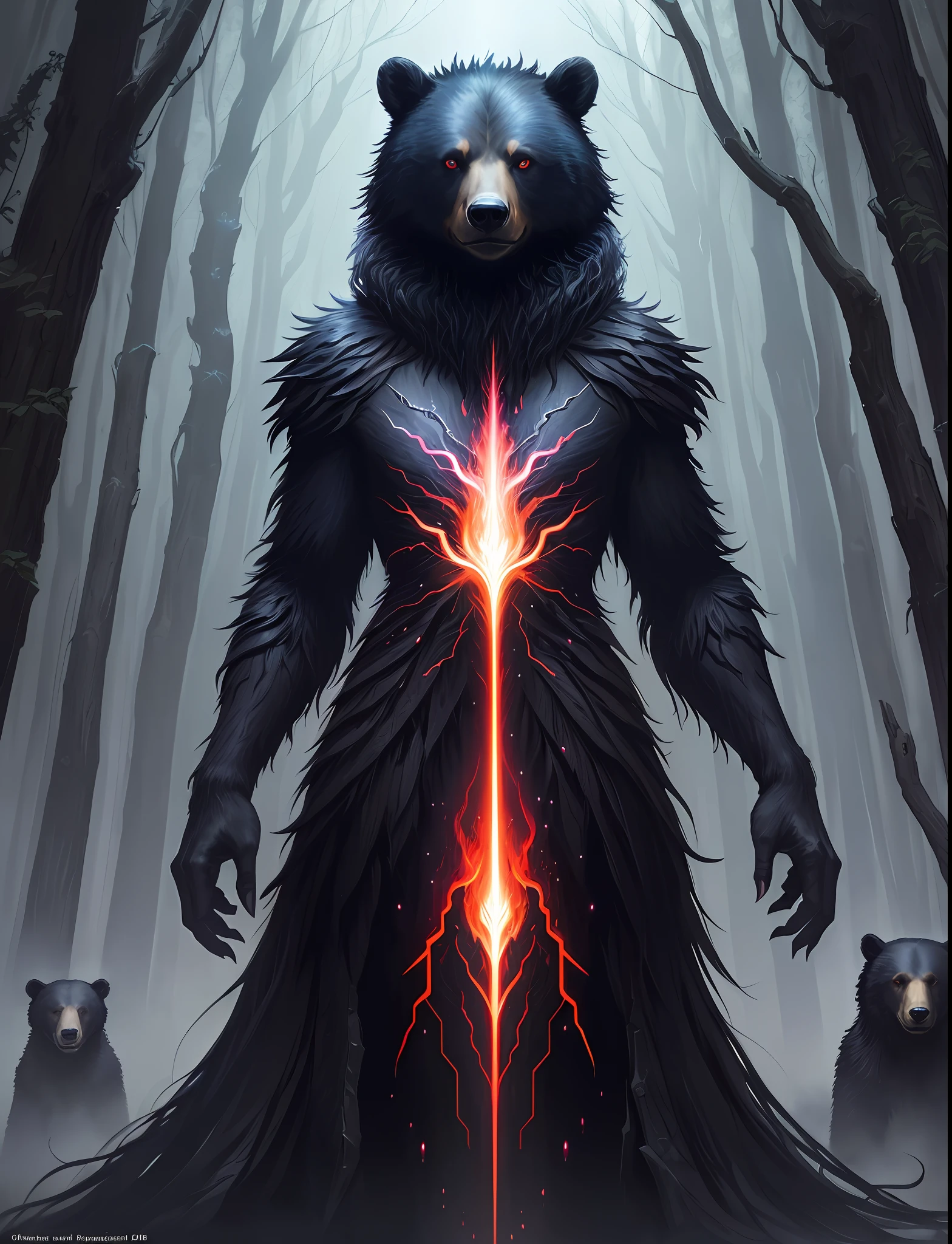 Close up of a mother bear, glowing big red eyes standing in the field, cub bear beside him, hellish black bear, dark big forest in background, bioluminescence, magic collection card art, full art, full art illustration, Jason Benjamin, summoning undead friends, magic collecting art style, magic collection concept art, collectible card art, symmetry epic fantasy art, symmetry concept art, ominous fantasy illustration
