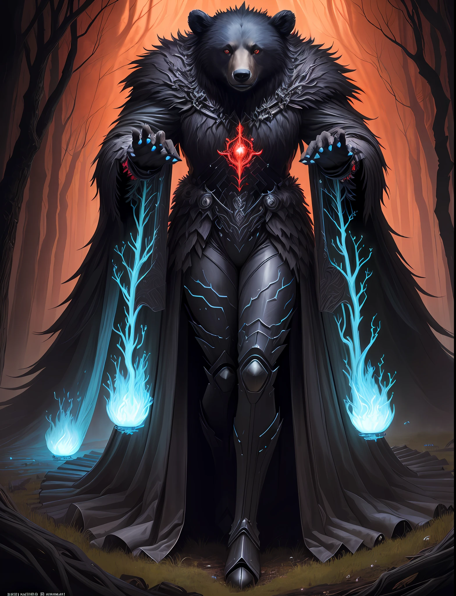 Close up of a mother bear, glowing big red eyes standing in the field, cub bear beside him, hellish black bear, dark big forest in background, bioluminescence, magic collection card art, full art, full art illustration, Jason Benjamin, summoning undead friends, magic collecting art style, magic collection concept art, collectible card art, symmetry epic fantasy art, symmetry concept art, ominous fantasy illustration