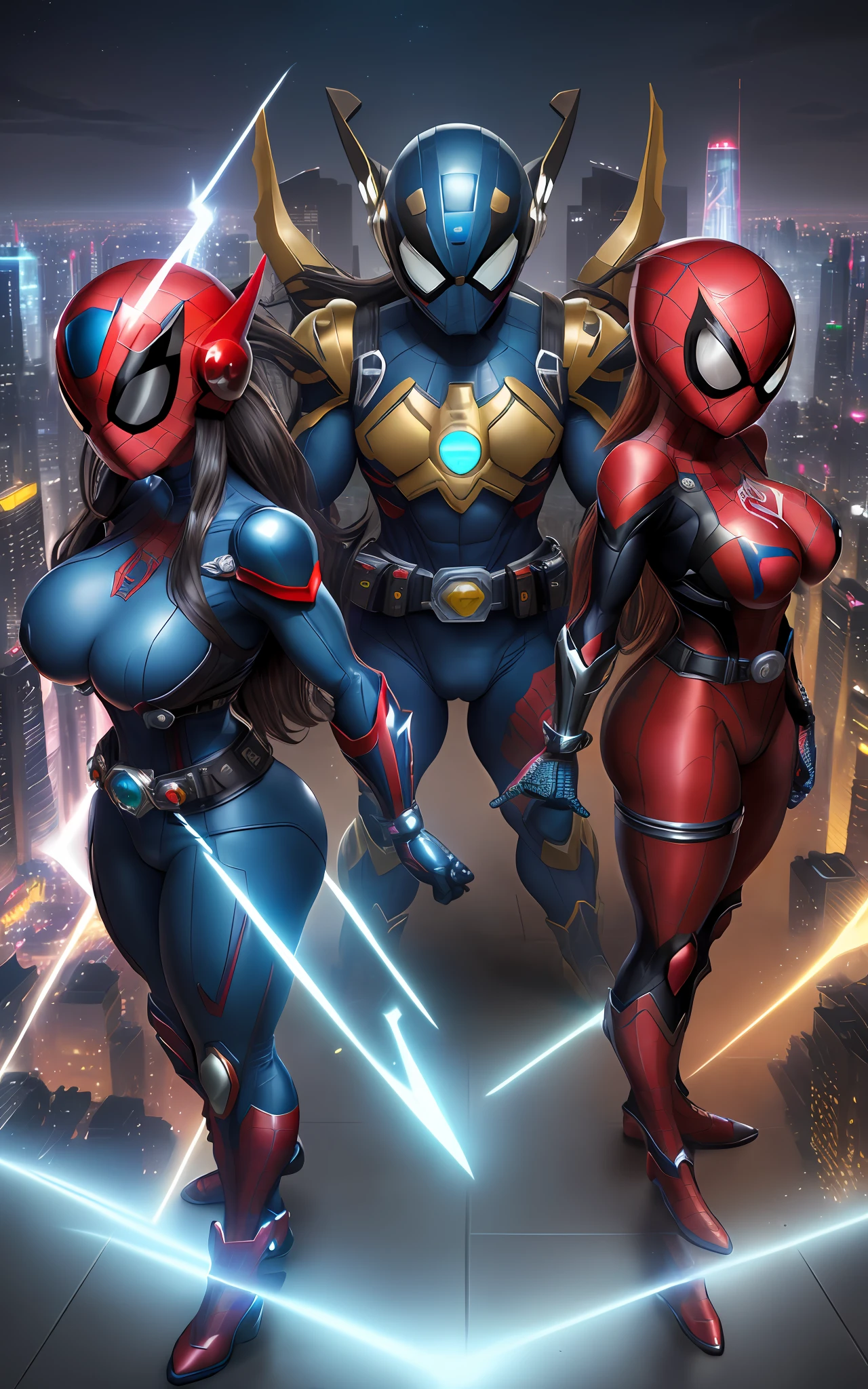 Maximum resolution/quality/sharpness, Unreal Engine 5/Power Rangers/Tokusatsu/Mortal Kombat/Super Metroid, Cartoon/Disney/Dragon ball/Style, ((1/Woman/big breasts1/helmet/belt/Mega Man-X/Kamen Rider/Spiderman)), mohawk long hair, looking at the viewer, pose, City at night shower strongly.