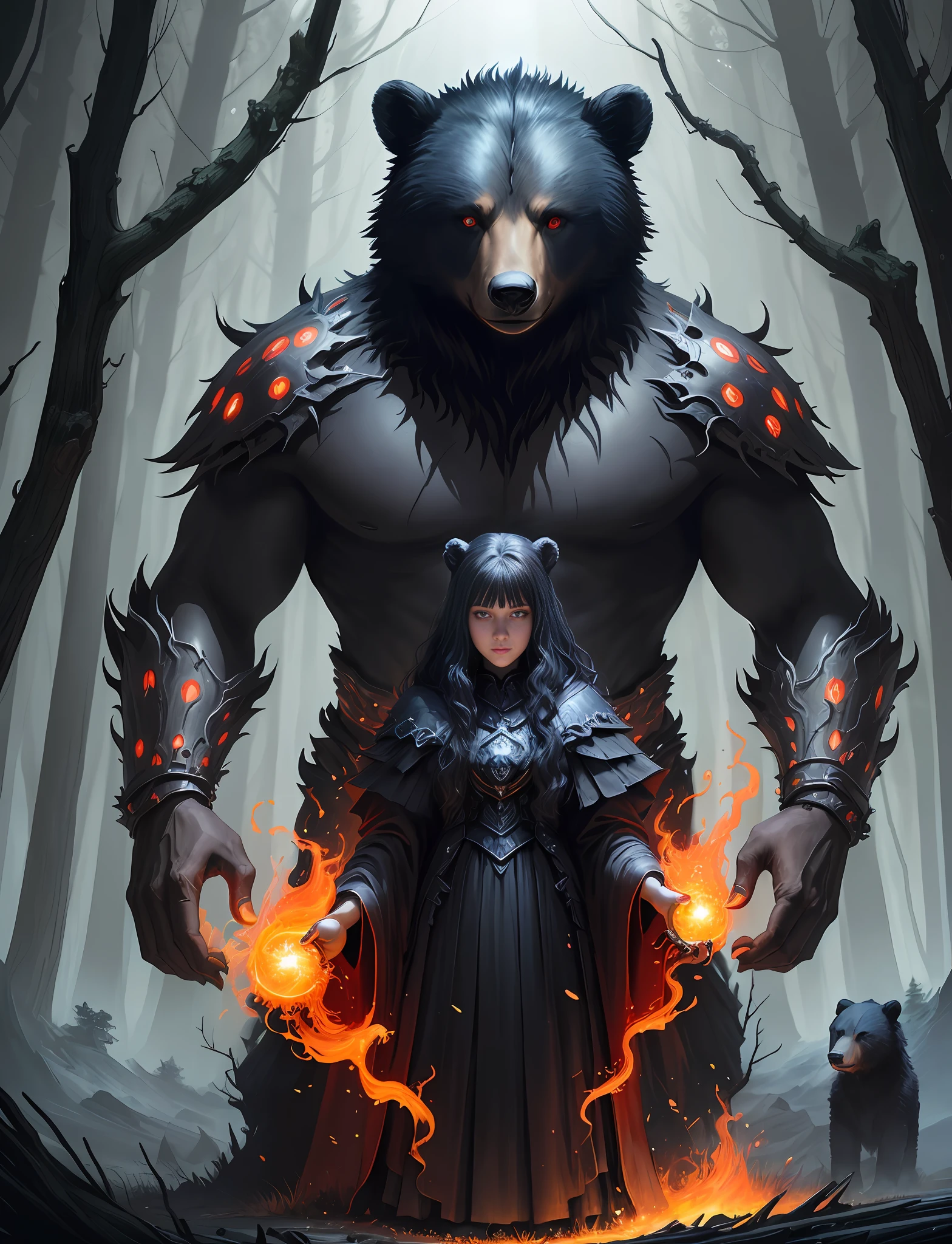 Close up of a mother bear, glowing big red eyes standing in the field, cub bear beside him, hellish black bear, dark big forest in background, bioluminescence, magic collection card art, full art, full art illustration, Jason Benjamin, summoning undead friends, magic collecting art style, magic collection concept art, collectible card art, symmetry epic fantasy art, symmetry concept art, ominous fantasy illustration